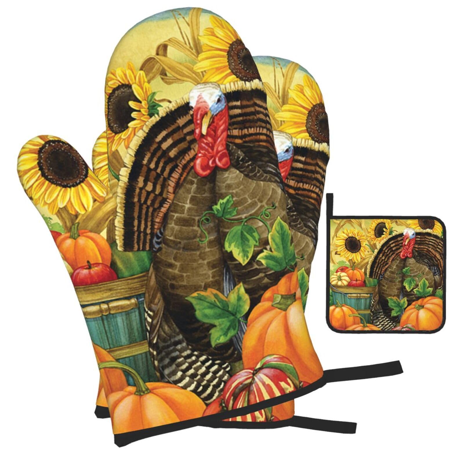 Thanksgiving Turkey Pumpkin Printed Oven Mitts and Pot Holders Heat Resistant Set of 3 Pcs, Modern Kitchen Gloves & Potholders for Cooking Baking Grilling