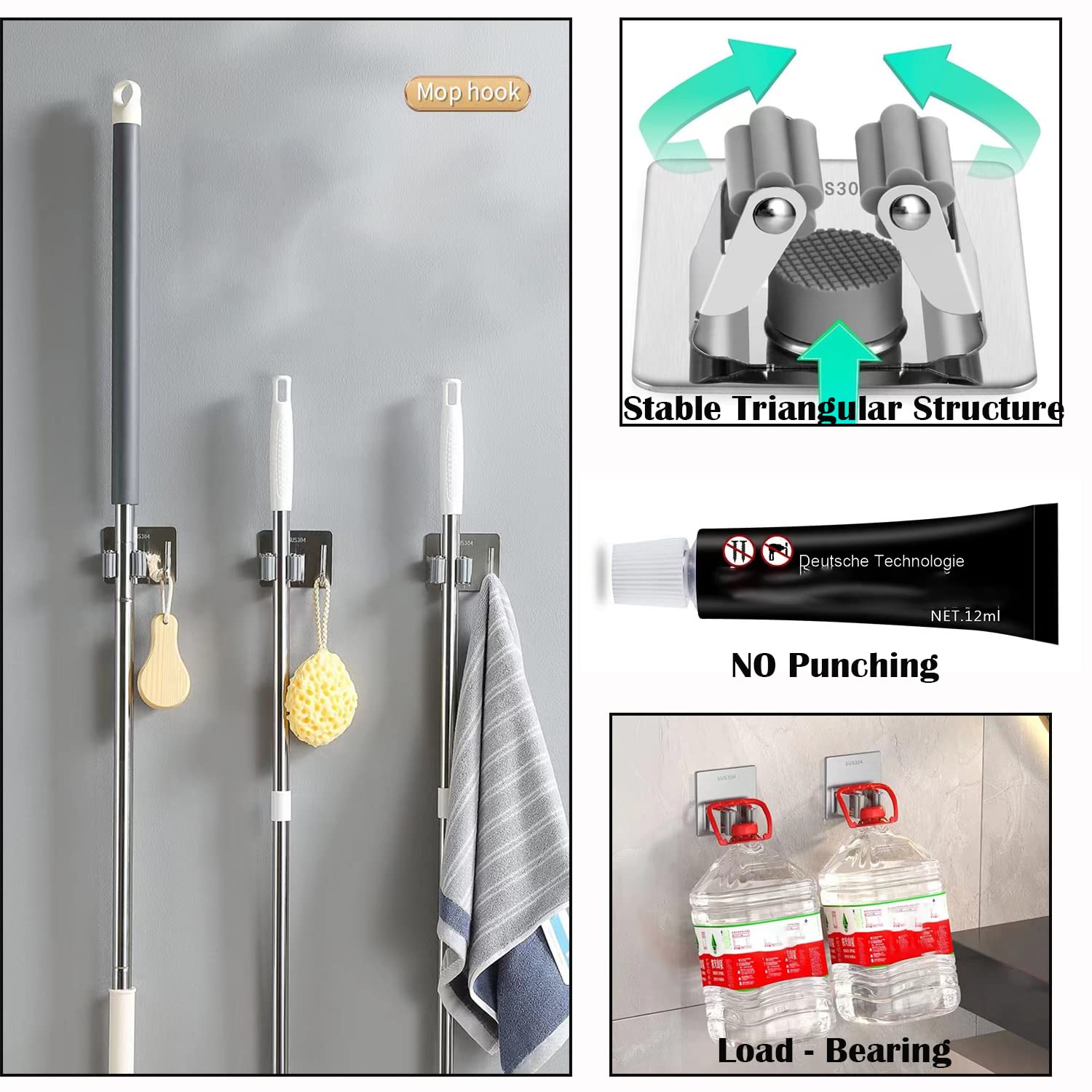 4 Supporti Per Scopa E Mocio Autoadesivi - Portascope Da Parete Bianchi, Per Cucina, Bagno E Garage - Foto 6