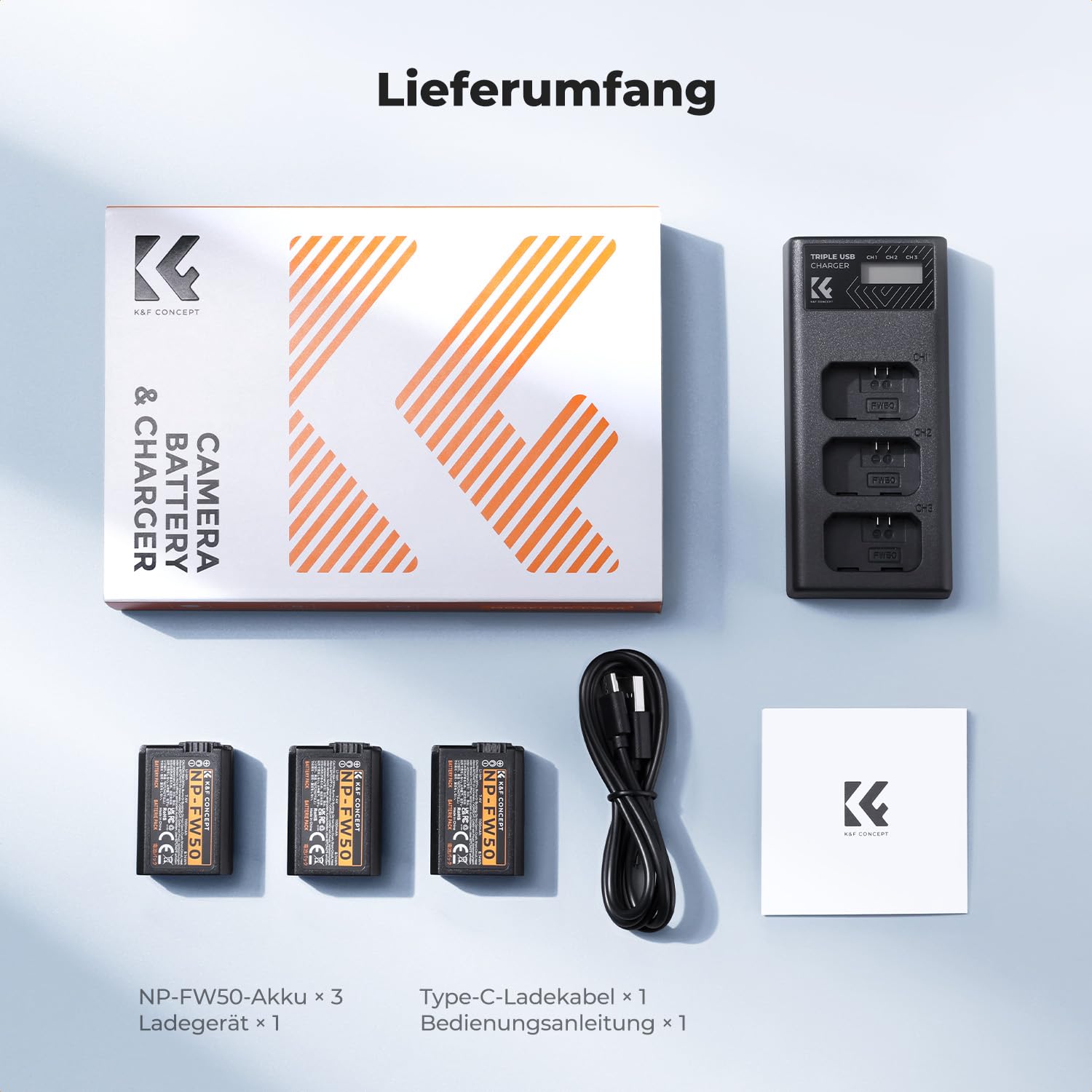 K&F CONCEPT NP-FW50 1100mAh Akku (3er-Pack) und DREI-Slot LCD Ladegerät Kit für Sony ZV-E10, Alpha A6000, A6300, A6400, A6500, A5000, A5100, a7, a7II, a7R, a7RII, a7S, a7SII