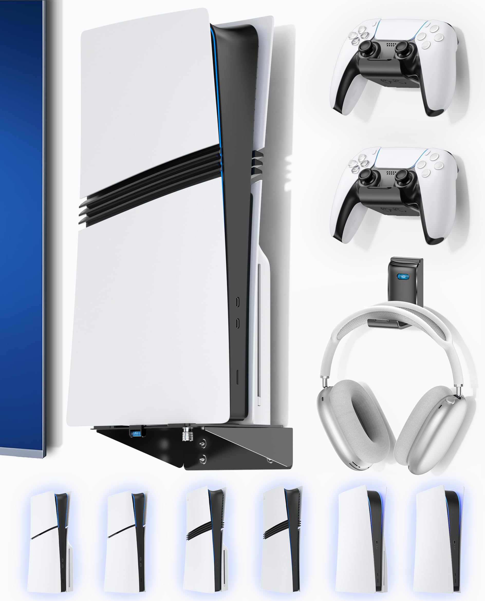 PS5 Slim Pro Wall Mount with Headset Controller Holder Premium PS5 Metal Shelf Floating Mount Universal 2 Packs