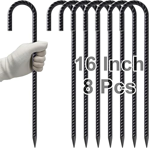 VVOKGO - Juego de 8 estacas de acero negro con gancho en J de 16 pulgadas para fijar campamentos, vallas, columpios, redes de fútbol, decoraciones