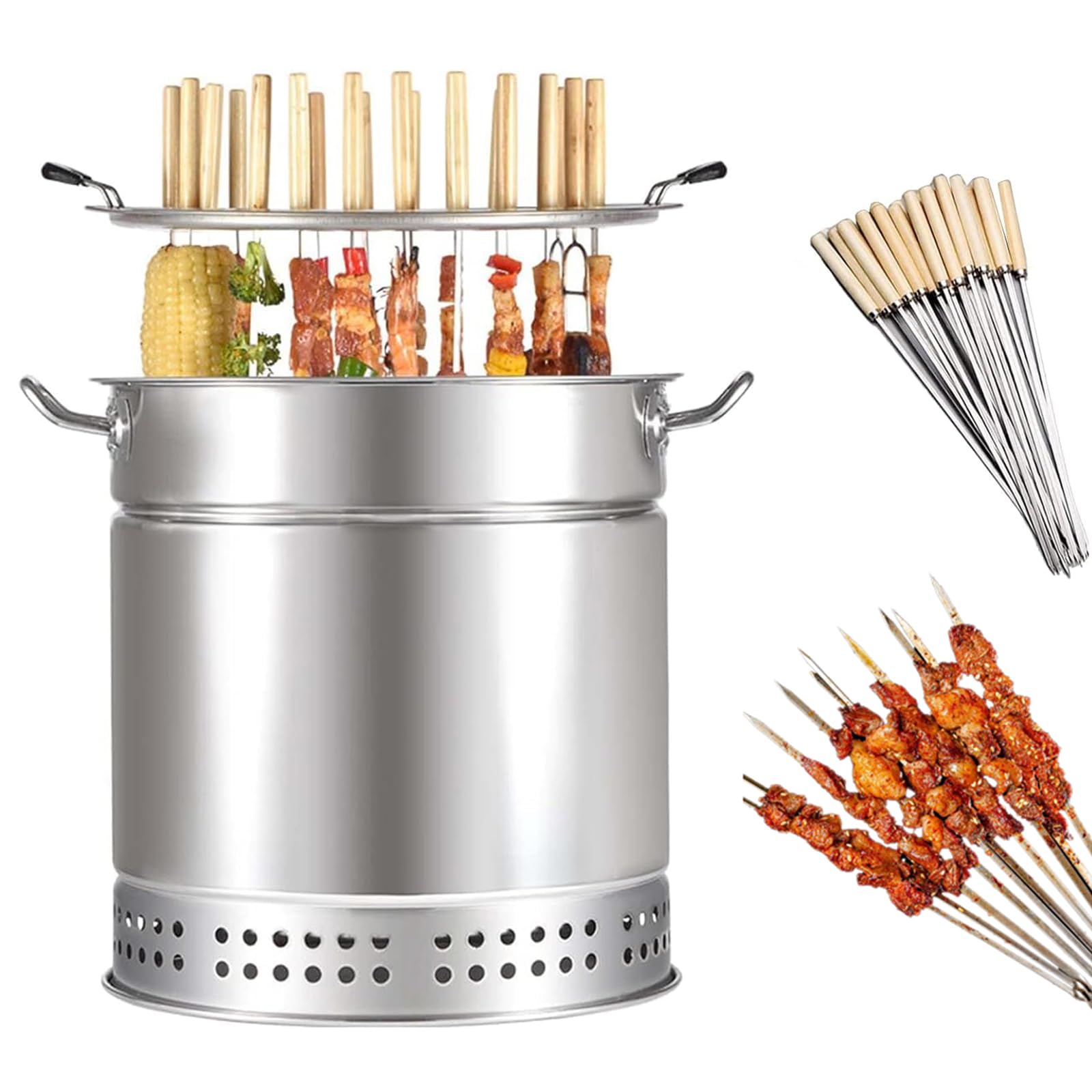Poêle suspendu pour barbecue avec 28 brochettes et cuve double couche