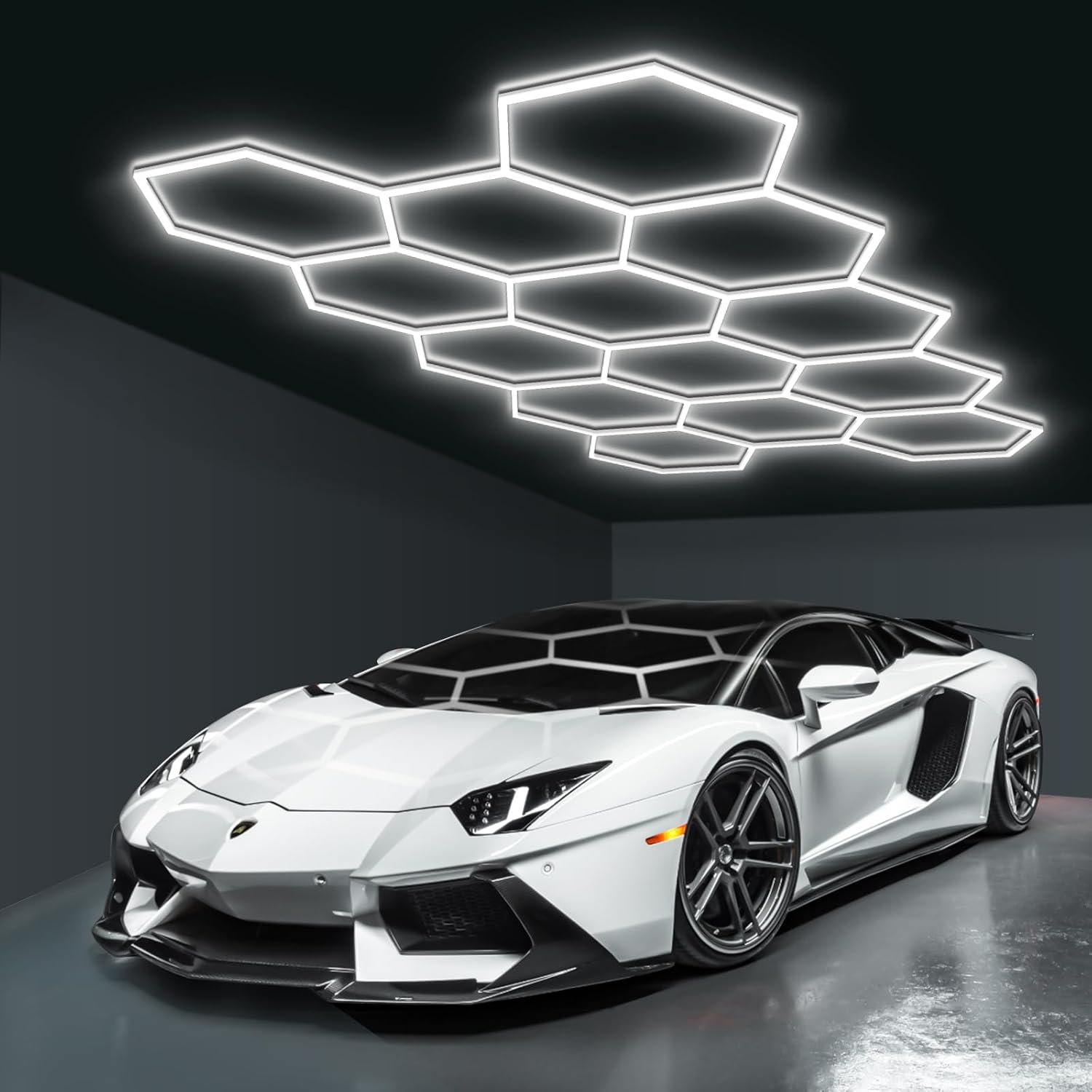 BRILLIHOOD Hexagon Garage Lights LED Honeycomb Garage Lights 456W 54720LM 6500K Super Bright 14 Grid Systems Car Detailing