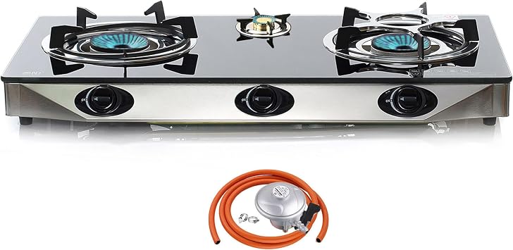 NJ NGB-S3 Indoor Gas Stove 3 burners Cooker Black Glass Hob LPG 7.8kW Regulator Set Butane 21mm Clip-on