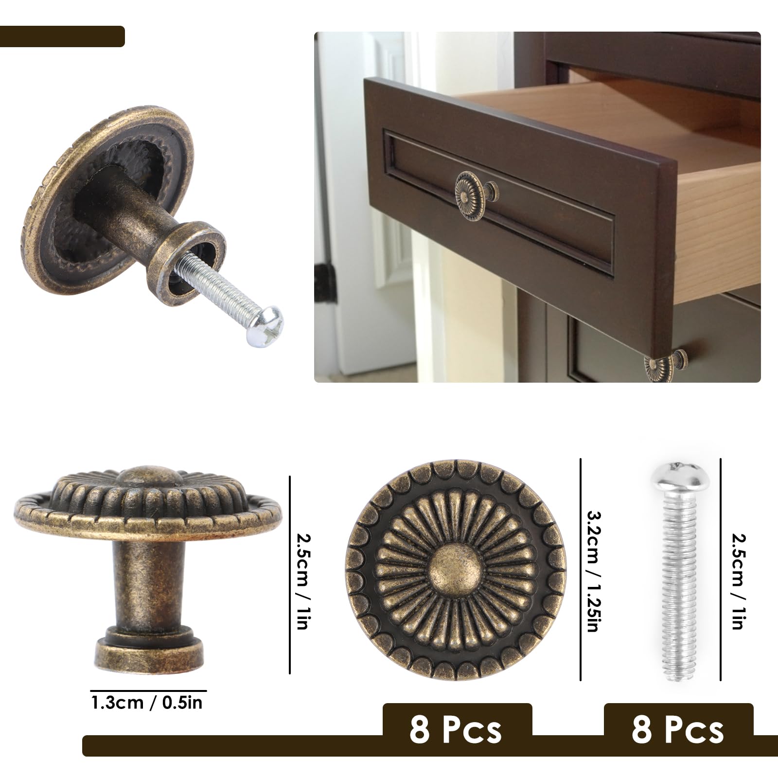 Pomelli Per Mobili Vintage 32mm - 8 Pezzi Bronzo Antico Per Cassetti E Armadi - Foto 4