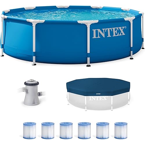 INTEX Pool Metal Frame 10'x30" Round Outdoor Swimming Pool Set with 330 GPH Filter Pump, Pool Cover, and Type H Filter Cartridge Replacements (6 pack)