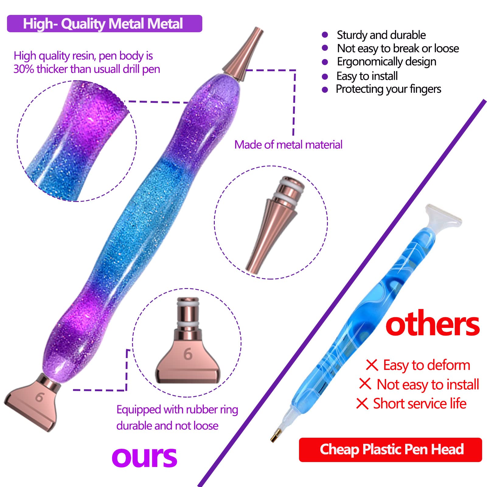 Lot De 16 Stylos De Peinture Diamant En Métal Rose, 6 Pointes En Acier Inoxydable, 6