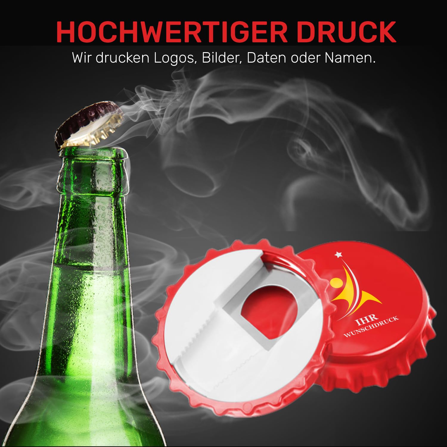 Personalisierter Kronkorken Flaschenöffner WEISS - 84 mm Durchmesser Wähle aus 4 Farben und 20 Schriftarten für den Druck. Eigene Logos auch möglich (Rot, 50)