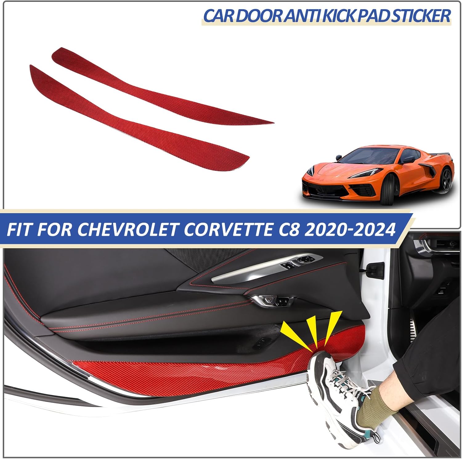 Daeiclru Real Carbon Fiber Car Door Anti Kick Pad Stickers Compatible with Chevrolet Corvette C8 Stingray 2020-2023, Inner Door Anti Kick Decorative Panel Protection Accessories (Red)