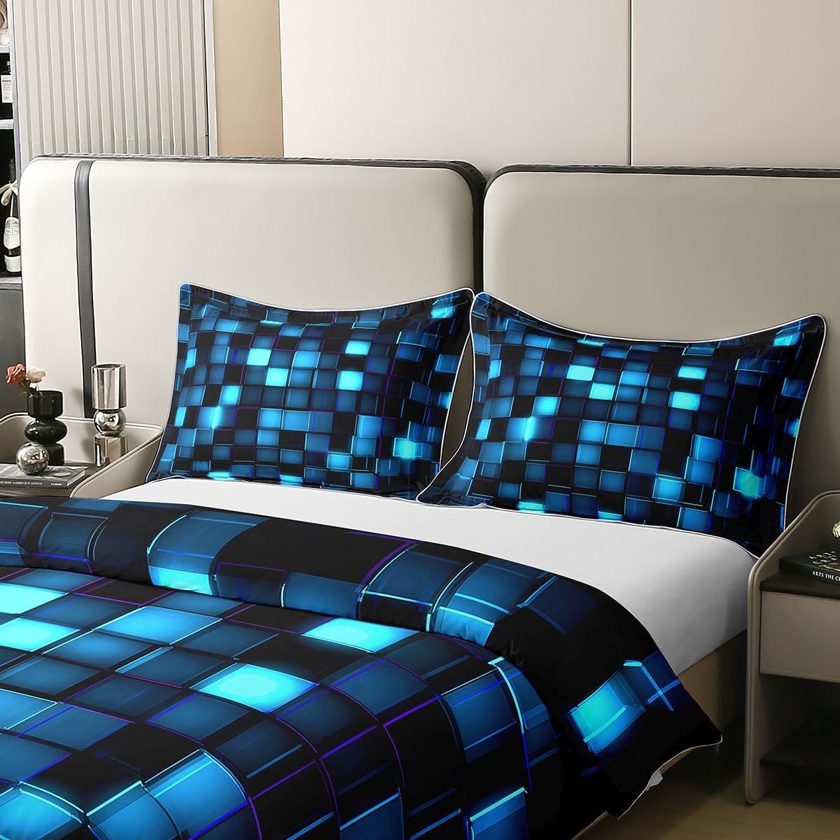 Castle Fairy Neon Blue Grid 100% Cotton Duvet Cover Queen Size,Video Games Bedding Set 3Pcs for Boys Youth Room Decor,Geometric Pixelated Block Comforter Cover 3D Block Theme Quilt Cover,2 Pillowcases