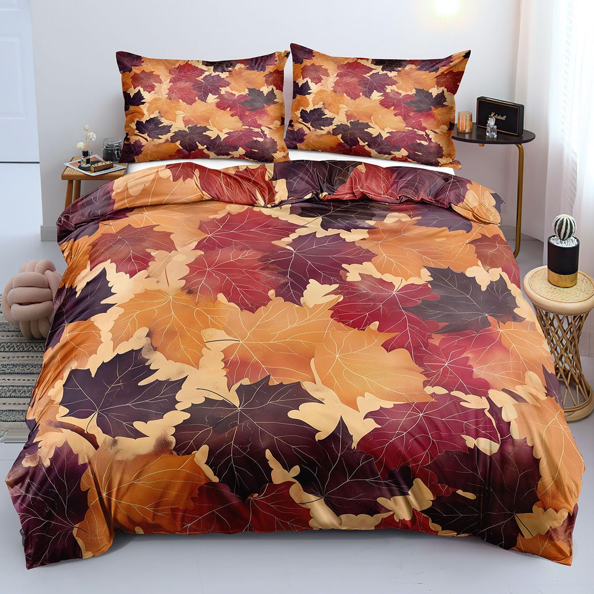 Parure de lit réversible motif feuilles d'érable et parure botanique 200x200