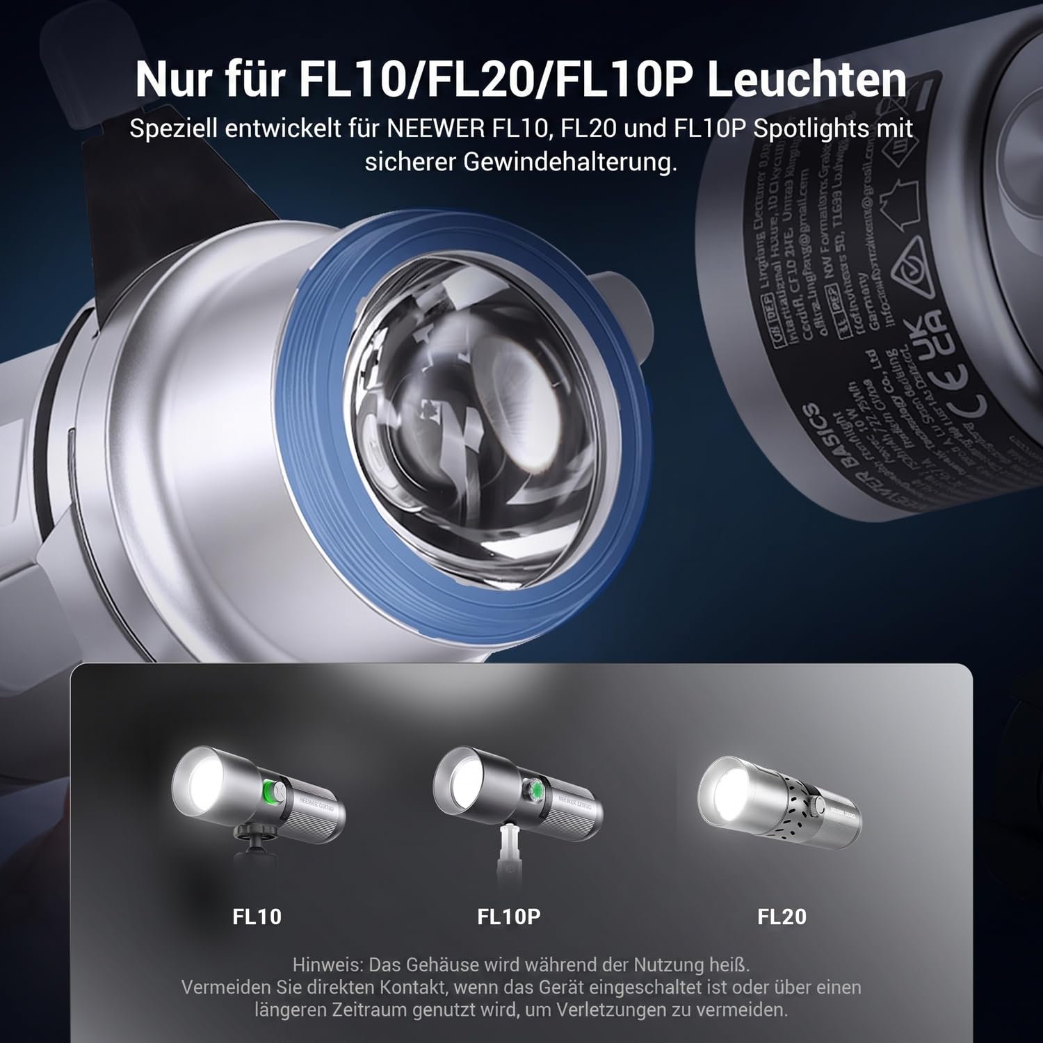 NEEWER Basics Spotlight konischer optischer Snoot, nur für FL10/FL20/FL10P Fotografie Taschenlampe, 4 Fach hellerer Projektoraufsatz mit einstellbarem Fokus, 30° Abstrahlwinkel, 20 Metall Gobos, LS01