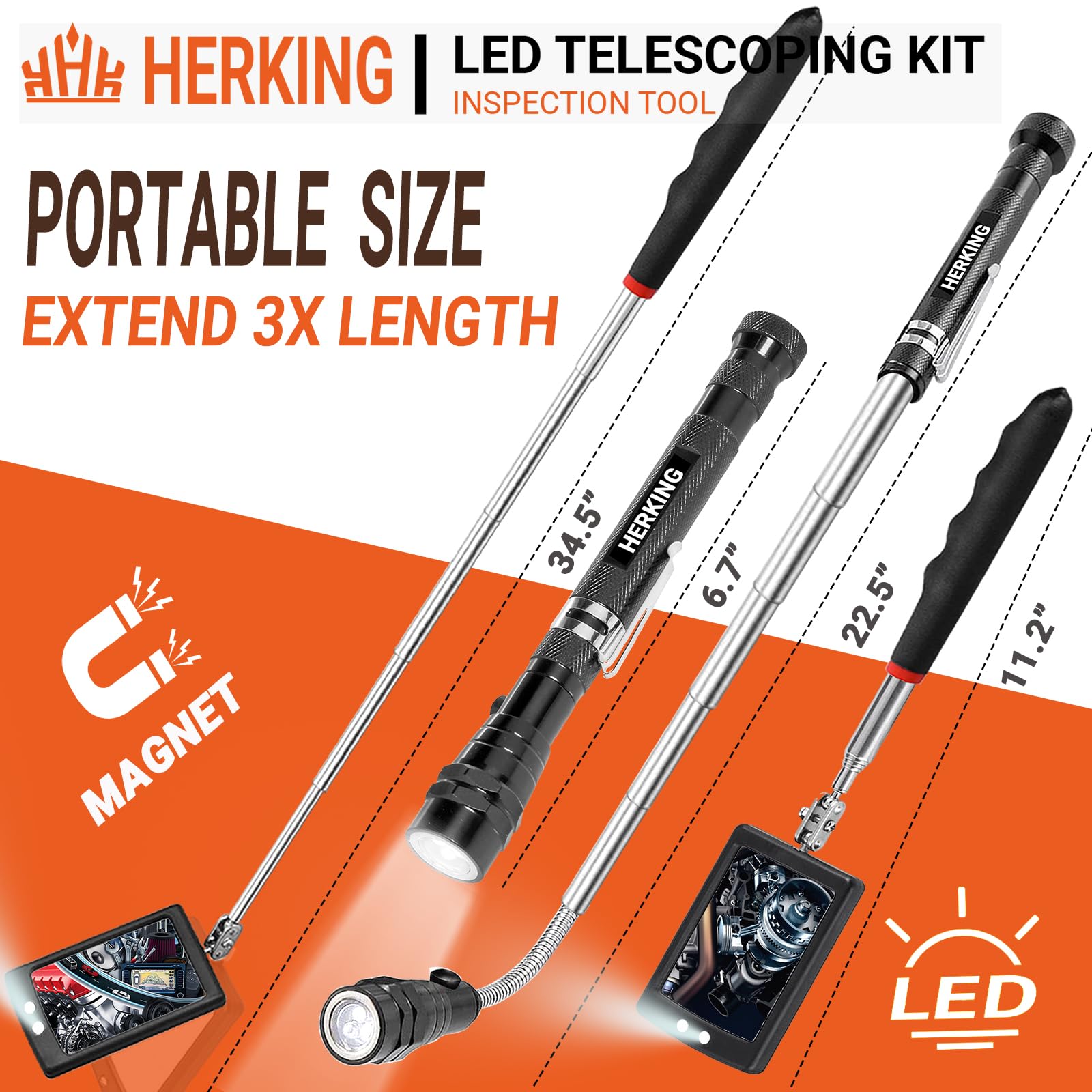 Herramienta de recogida magnética con 3 luces LED, linterna magnética telescópica, regalos para hombres, regalos de cumpleaños para papá, padre, manitas, marido, novio o mujer, color negro