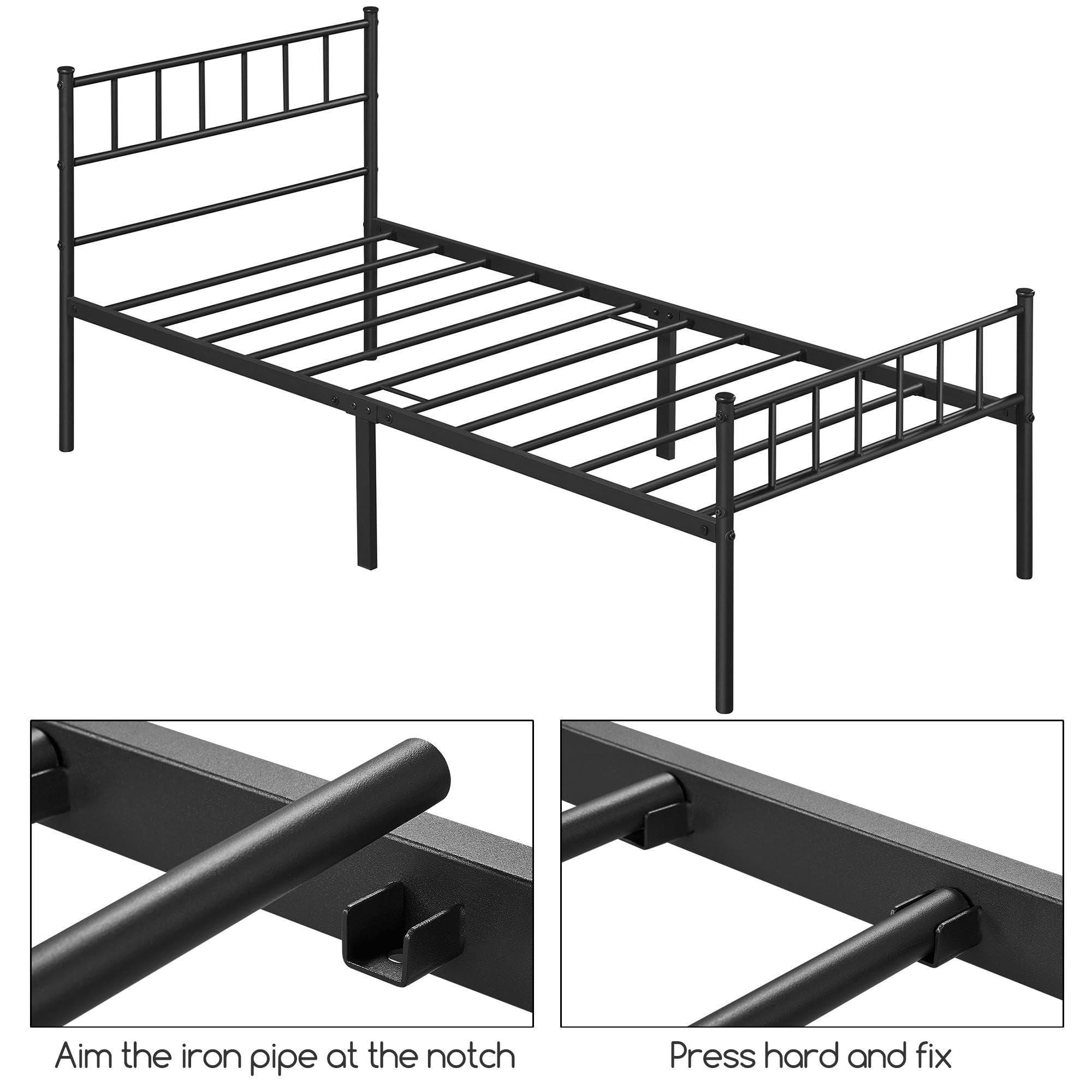 Yaheetech Metalowe łóżko 90 x 200 cm, rama łóżka z zagłówkiem, rama łóżka z metalu, łóżko dla gości ze stelażem do sypialni, pokoju gościnnego, kolor czarny