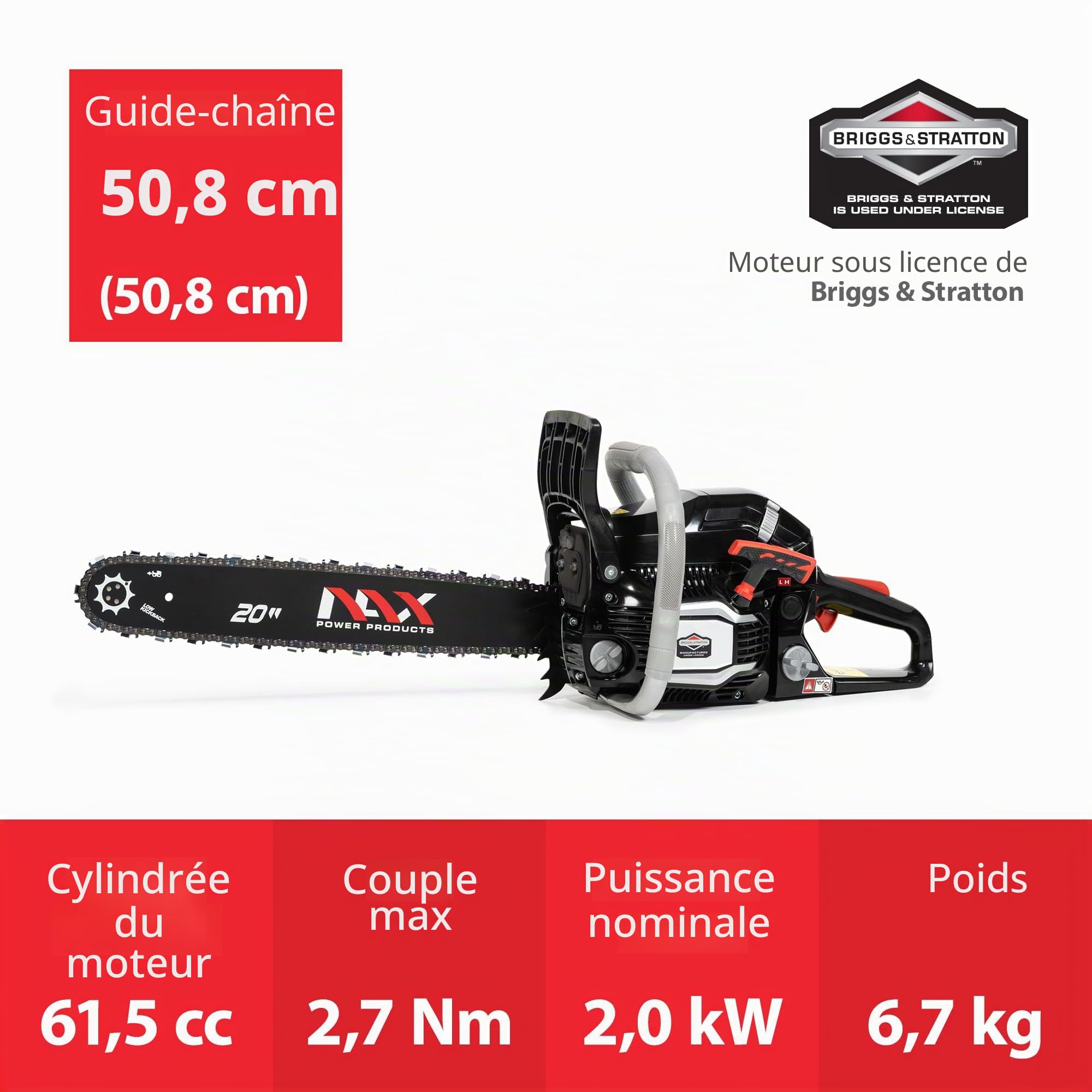 NAX POWER PRODUCTS 500C moteur 61,5 cm3 2 kW Briggs & Stratton produit sous licence guide 20" 50,8 cm système anti-rebond Low Kickback tronçonneuse thermique scie à chaîne