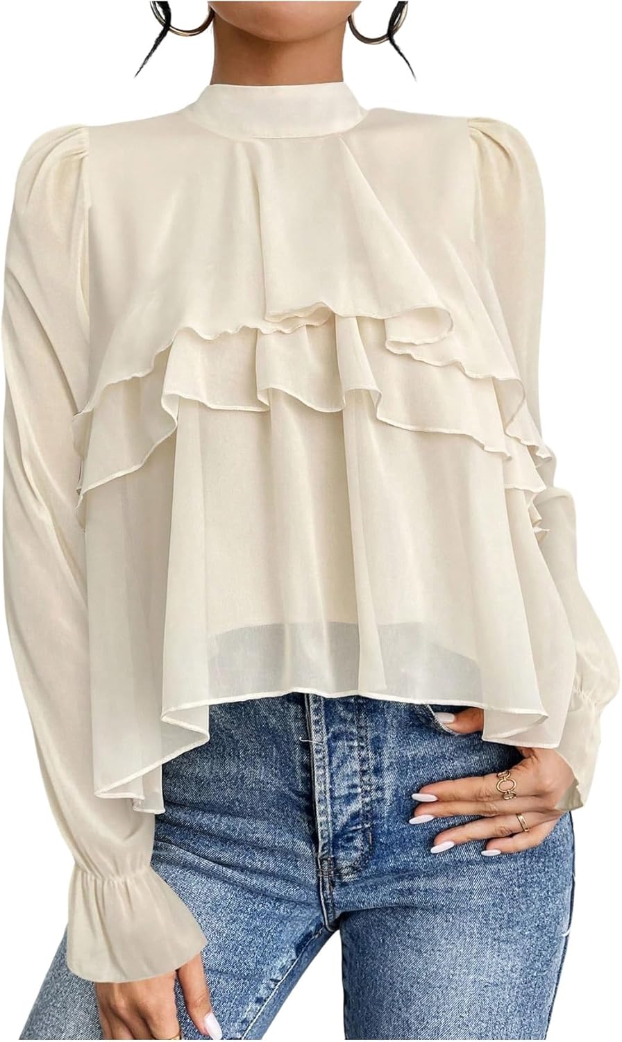 Verdusa Women's Dressy Casual Ruffle Layered Blouse Puff Sleeve Chiffon Elegant Flowy Shirts