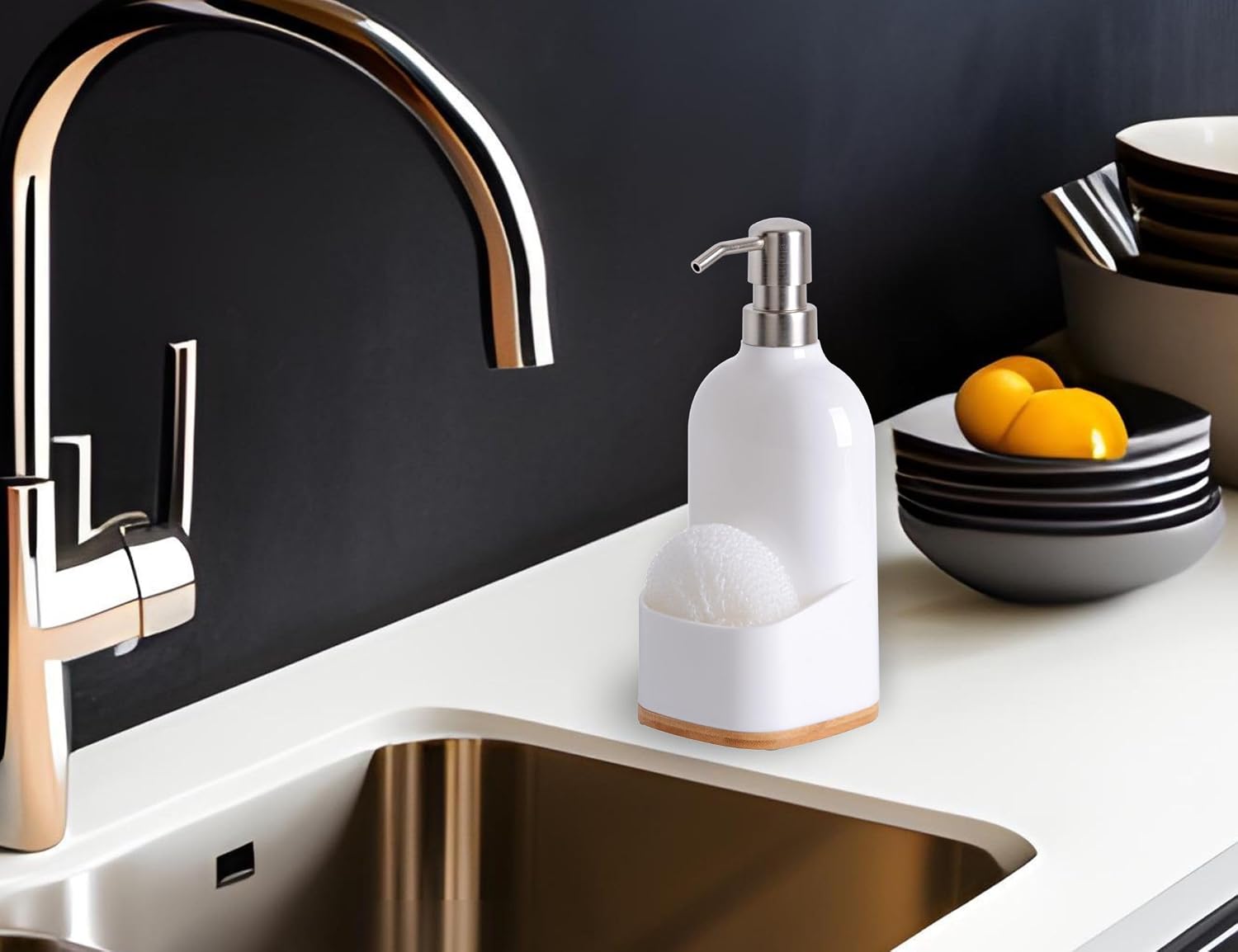 Clasin Home Kitchen Soap Dispenser with Sponge Holder, Refillable Acrylic Dish Soap Dispenser 17oz for Kitchen Sink and Bathroom, Anti Slip, Countertop Home Decor (White)
