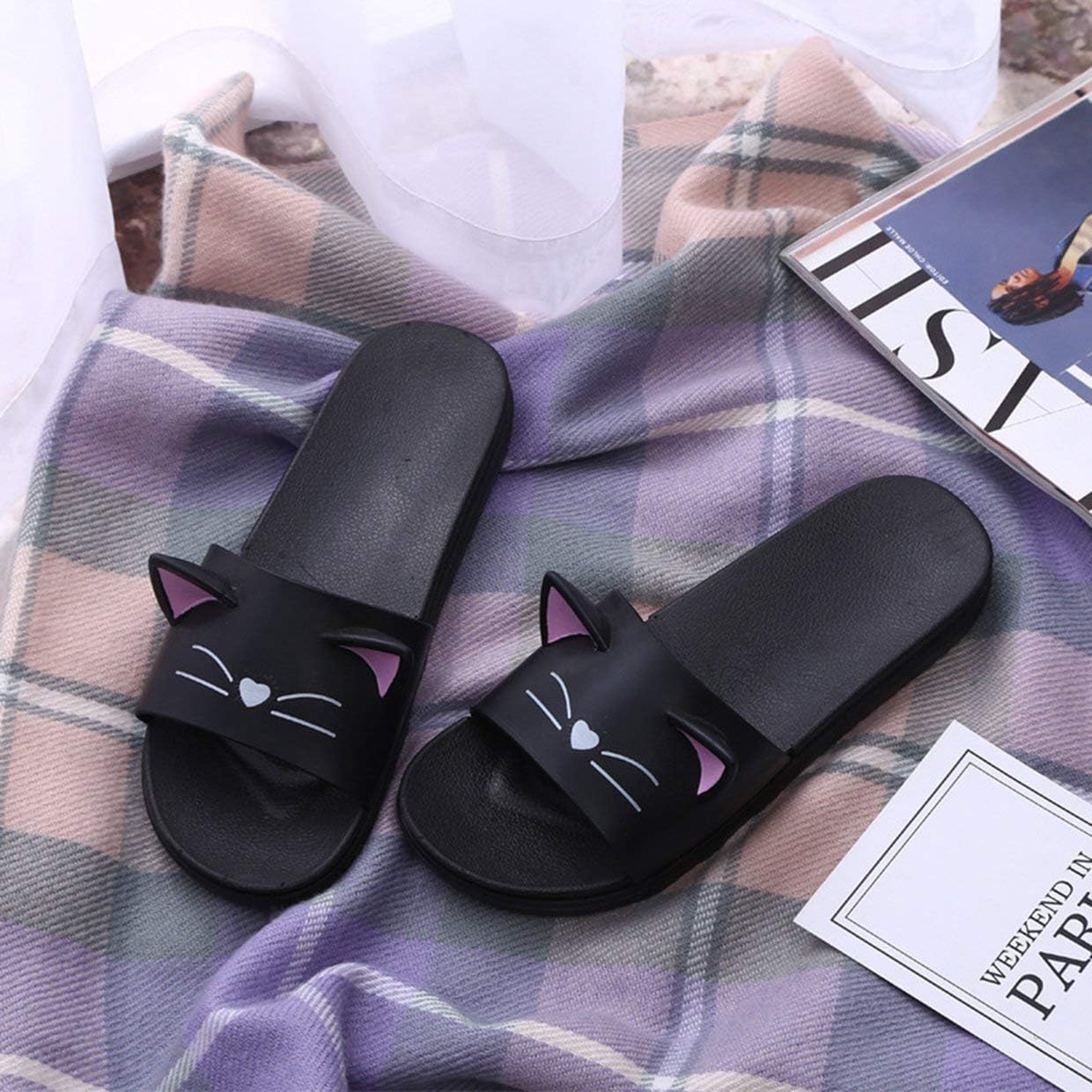 MXECO Fashion Cute Sandals Funny Shoes Bathroom Cartoon Kitty Cat House Anti-slide Slippers Couple Bathing Slippers