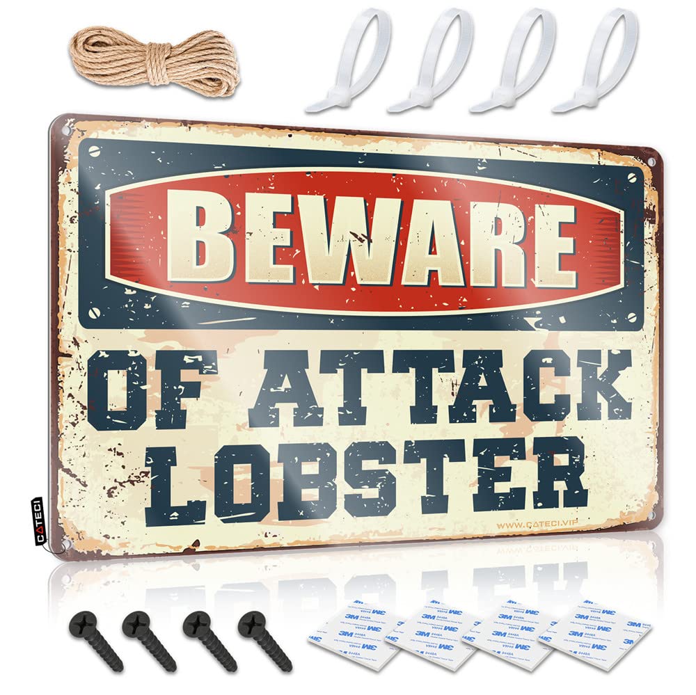 IBWNBBUSN Tin Signs For Bar Beware Of Attack Lobster Sign Man Cave Wall Decor Funny Kitchen Tin Signs(30X40CM)