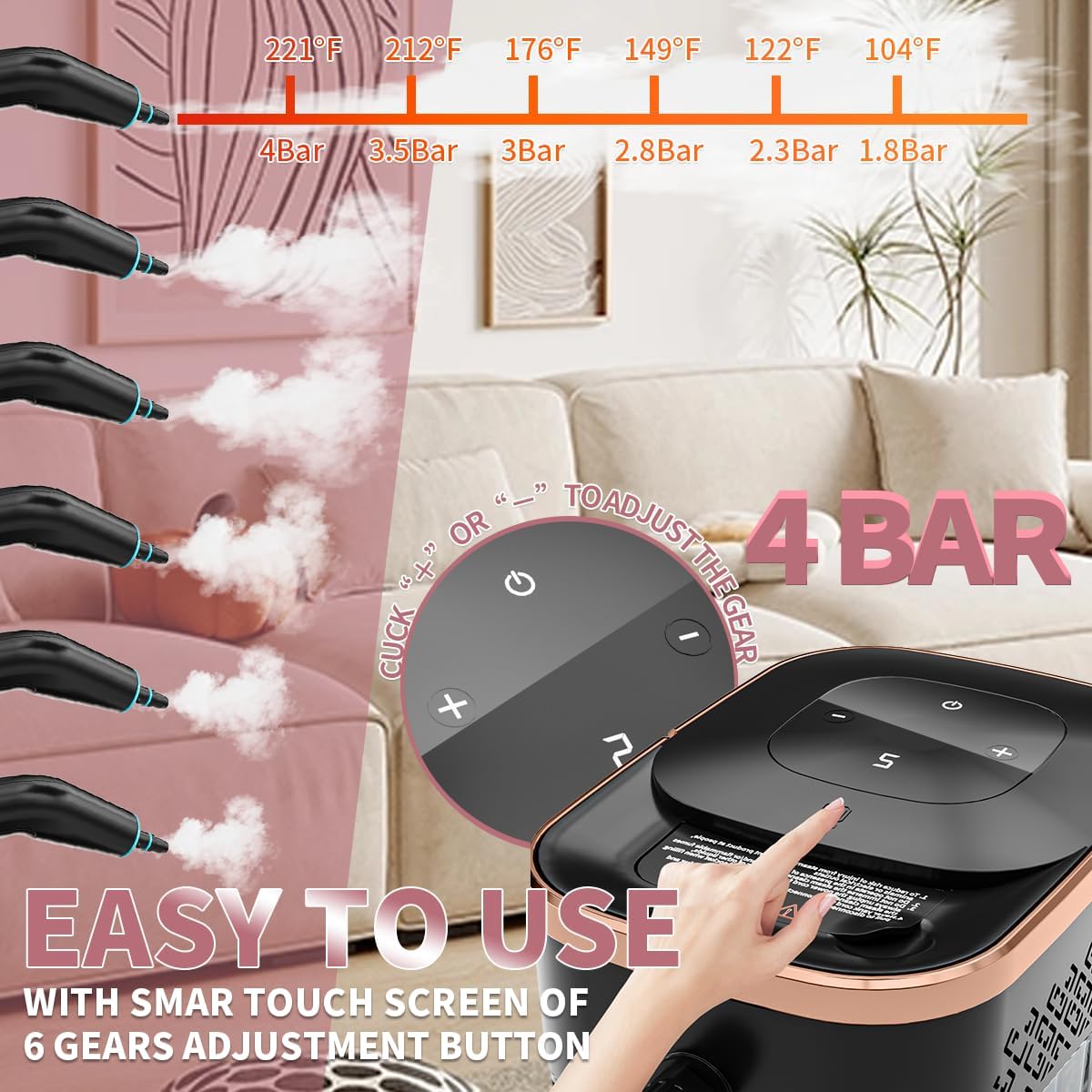 Handheld Steam Cleaner, 4 Bar Pressurized steam cleaner with 11 Accessories,15s Fast Heat-Up & 6-Level Adjustable,1500W Steamer for Cleaning Grout,Grease,Tile, Couch, Car Detailing, Windows & Floors