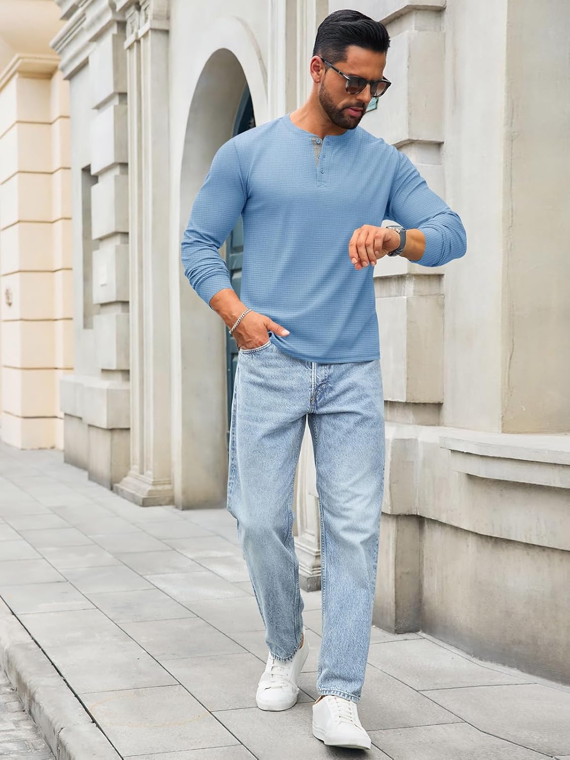 Runcati Mens Henley Long Sleeve Shirts Waffle Button Casual Basic Lightweight Tops - Image 4