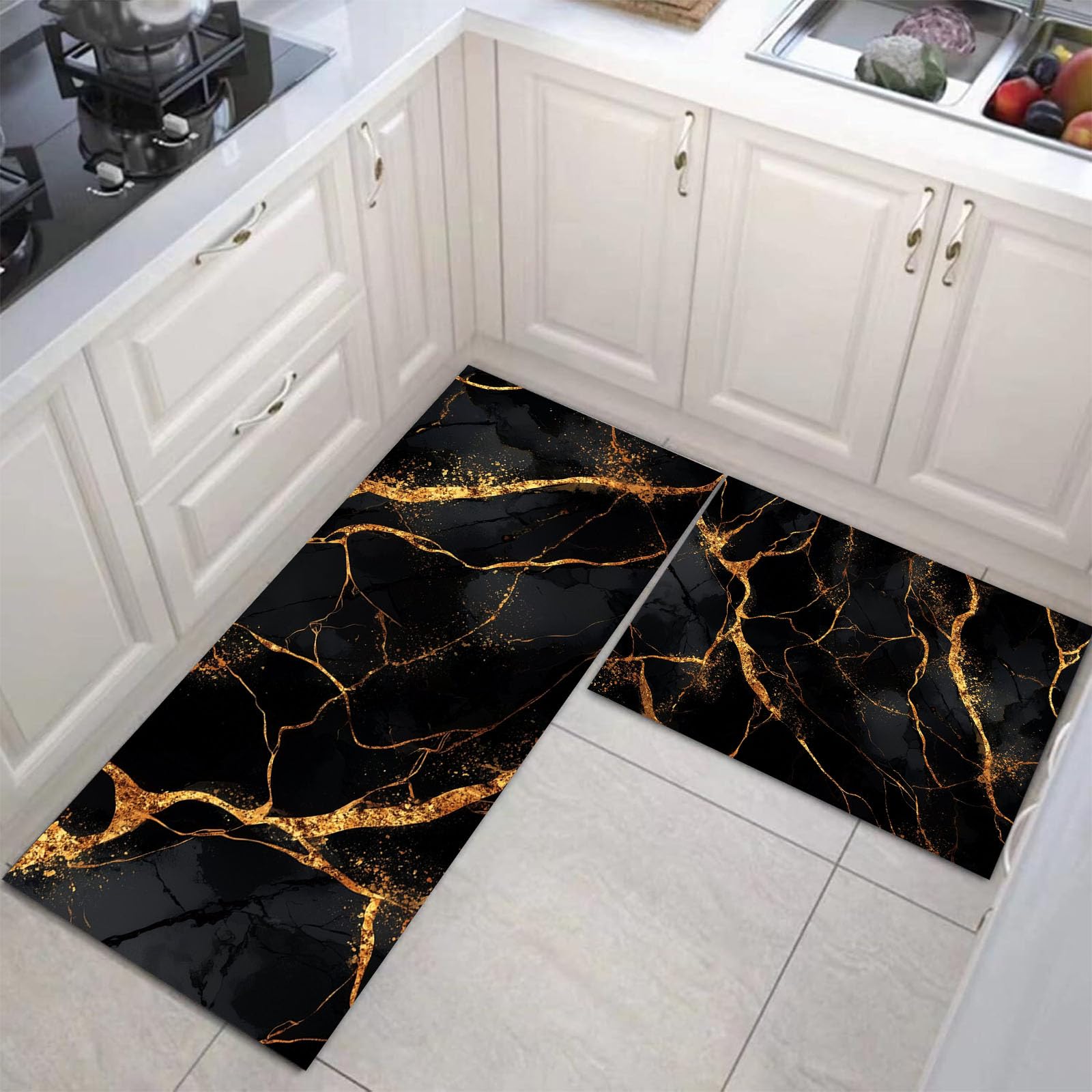 Set Di 2 Tappeto Cucina - Impermeabile - Antiscivolo - Antimacchia - Lavabili - Tappetini Da Strisce Astratte - Per Corridoio Cucina - Marmo Elegante - Oro Nero - 40X60+40X120Cm