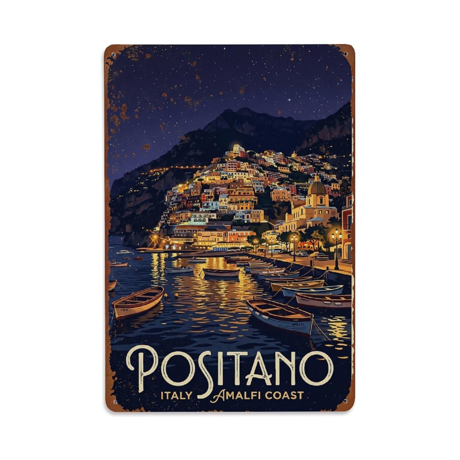 Huiyhb 8X12inch(20X30cm) Vintage Travel Positano Italy Harbor Lights Night Metal Tin Sign