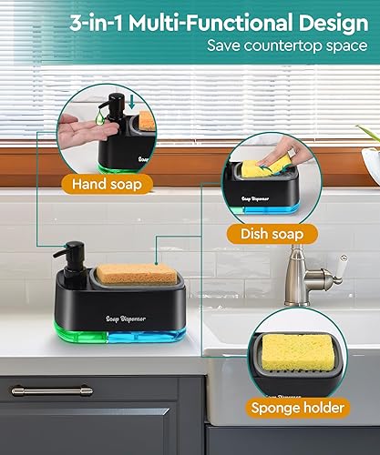 Miniatura 2 de Juego de dispensador de jabón para platos de cocina, dispensador de jabón para platos y manos con soporte para esponja, esponja de encimera 3 en 1,