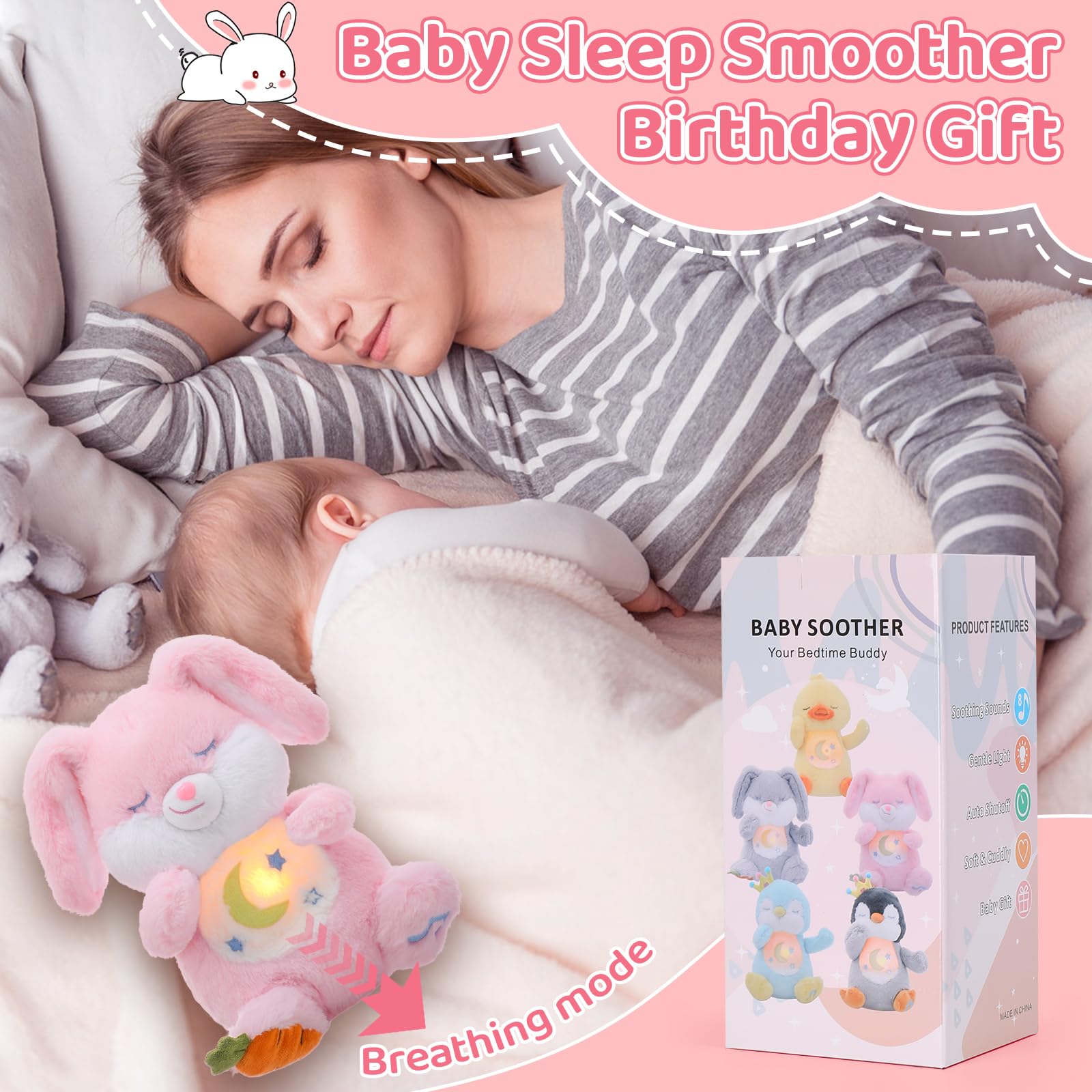 seOSTO Soothing Bunny Breathing Bunny Teddy Plush with Light and Natural Musical Breathing for Baby Toys New Baby Gifts Anxiety Teddy for Adults - Image 3
