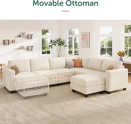 Miniatura 6 de HONBAY Sofá seccional de pana con almacenamiento en forma de U, sofás modulares seccionales para sala de estar, color beige