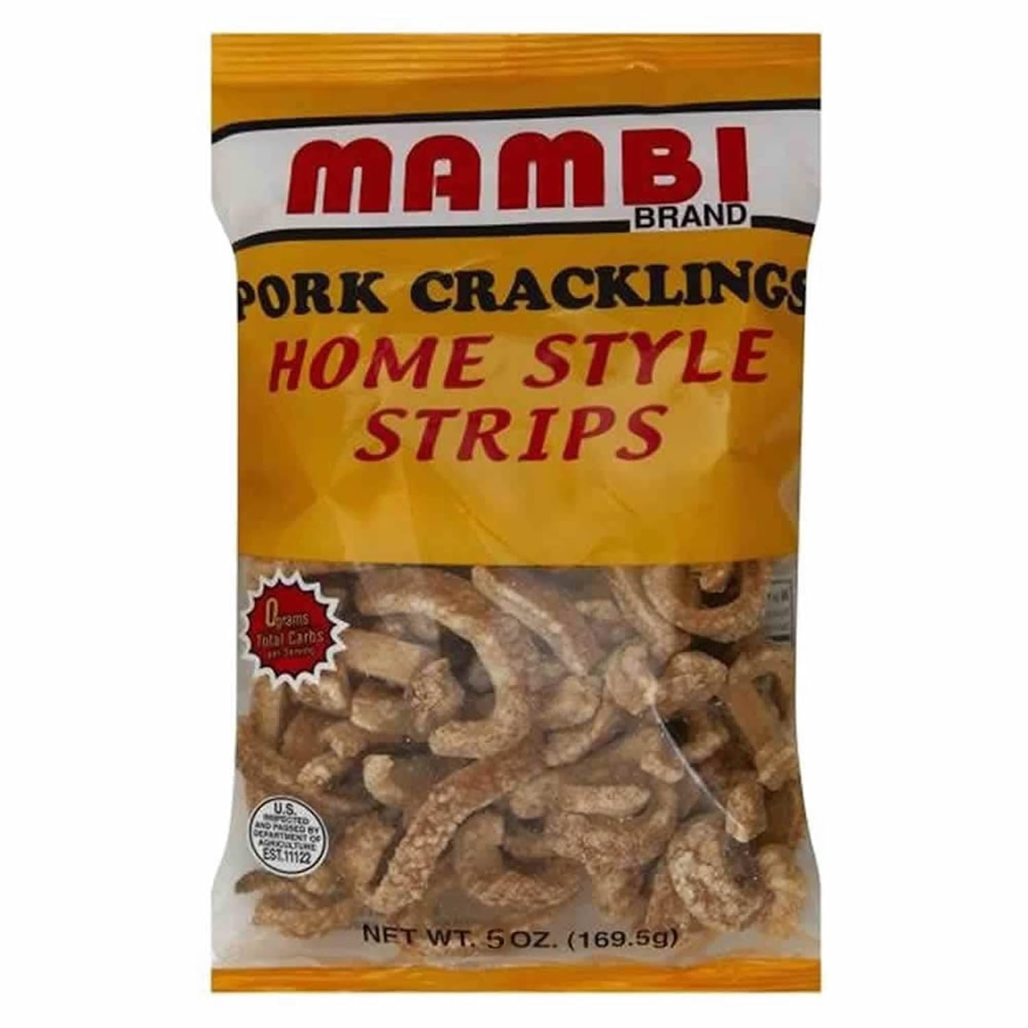 Mambi Pork Cracklings, Home Style Strips, 5 oz Bag / Chicharrones estilo tiritas (6 pack)