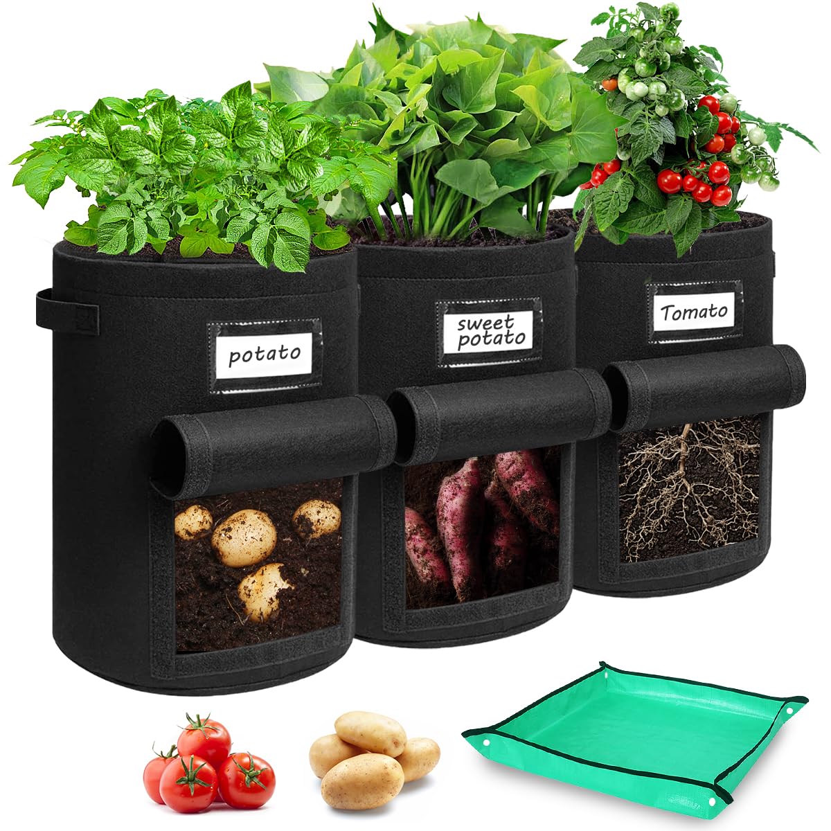 Airminti 3er Set Kartoffel Pflanzsack 50L (13 Gallonen) - Premium Vliesstoff Kartoffelsack mit Erntefenster, Pflanzmatte & Verstärkten Griffen - Pflanztasche für Kartoffeln, Tomaten & Gemüse (Schwarz)
