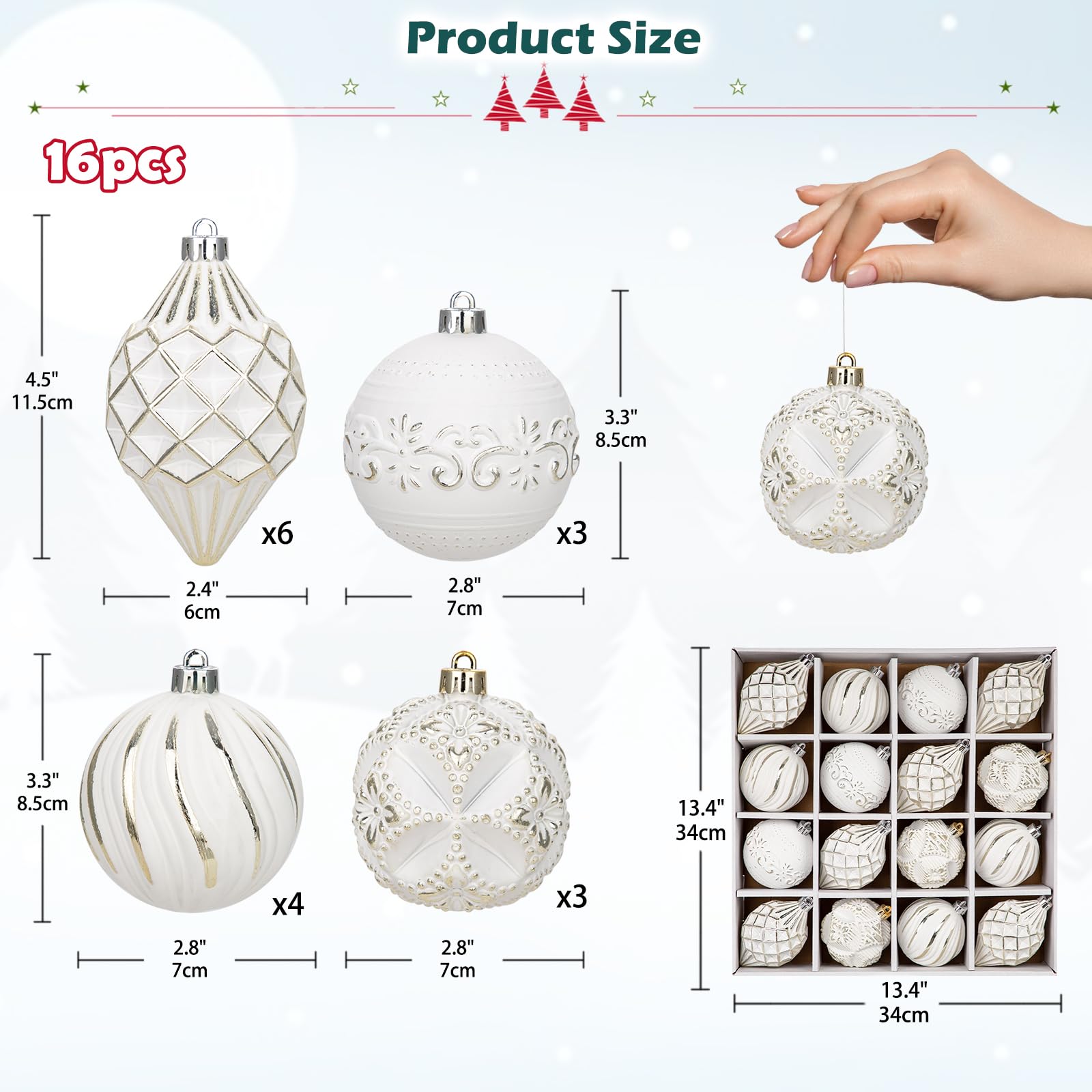 Oairse Lot de 16 boules de Noël incassables peintes à la main avec plusieurs tailles et motifs pour sapin de Noël, décoration de fête de Thanksgiving, champagne