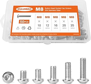 NIULUNBAO M8 x 10mm 12mm 16mm 20mm 25mm Button Head Socket Cap Screws Bolts, 304 Stainless Steel, Metric Allen Hex Drive, Machine Fully Threaded, Assortment Kit 50PCS