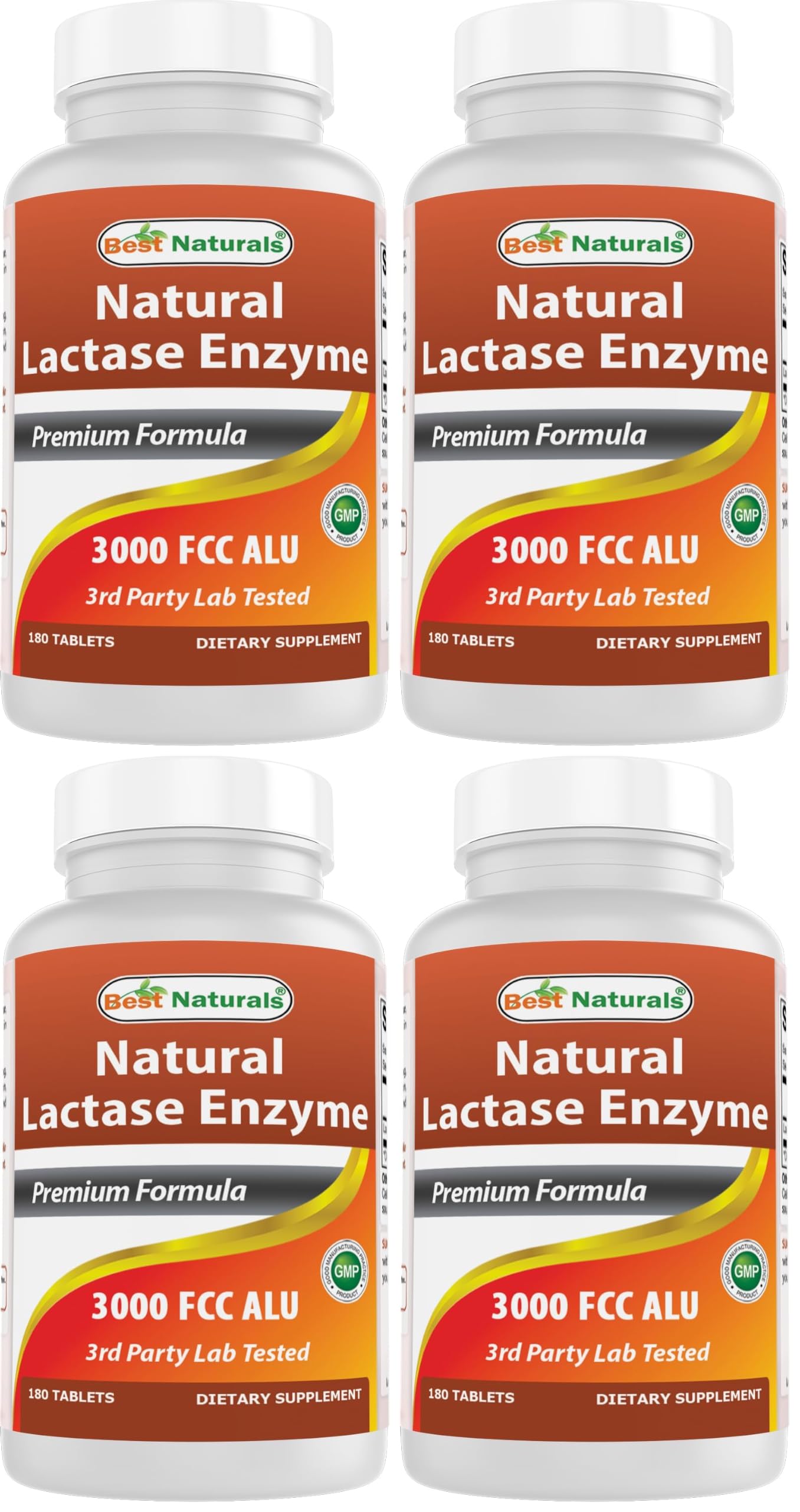 Best Naturals Fast Acting Lactase Enzyme Tablet, 3000 Fcc Alu, 180 Count (859375002900) (Pack of 4) Flavor 180 Count (Pack of 4)