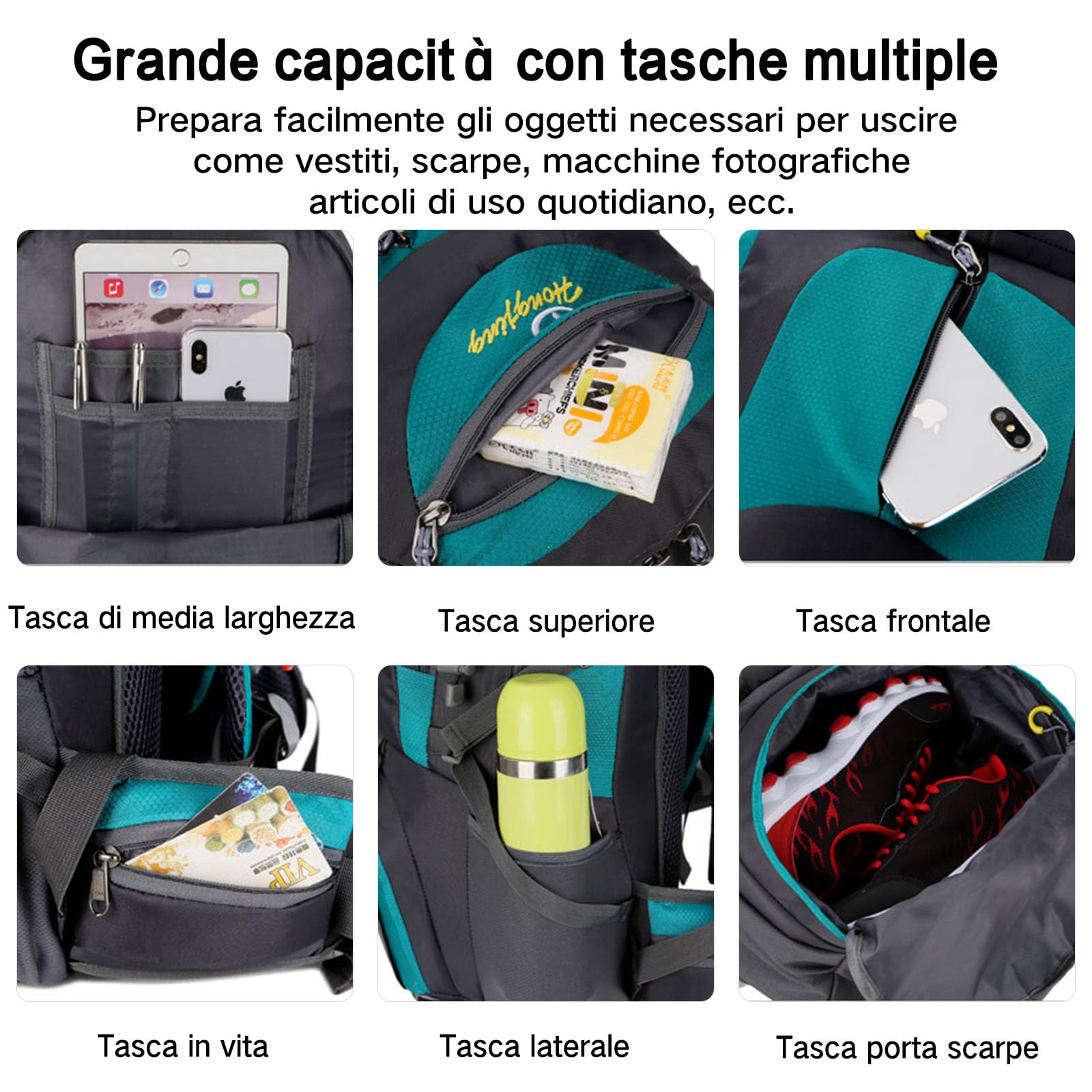 50/60 L Zaino da Trekking Zaino Impermeabile Zaini Hiking Backpack per Donna Uomo Viaggi Campeggio Arrampicata Sport Nero A