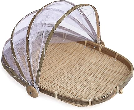 Covered Bamboo Serving Food Tent Basket, Outdoor Picnic Hand Woven Bamboo | Food Serving Tent Basket for Fruits, Bread, Vegetable