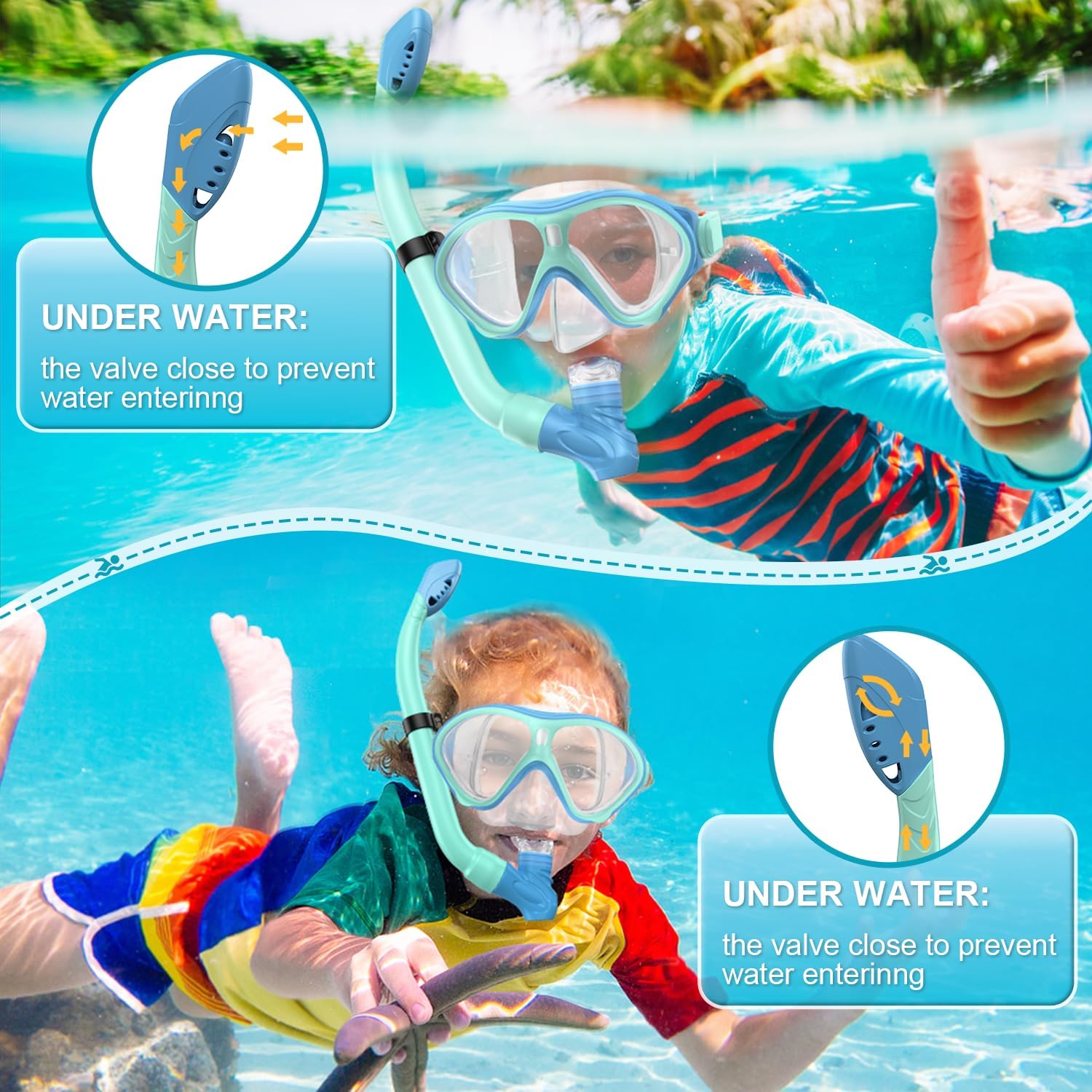 Gintenco Snorkeling Gear for Kids, Dry Top Kids Snorkel Set for Age 6-14, Anti-Fog Tempered Glass Swimming Goggles Anti Leak Diving Mask 180 Degree View for Youth Toddler Girls Boys - Image 4