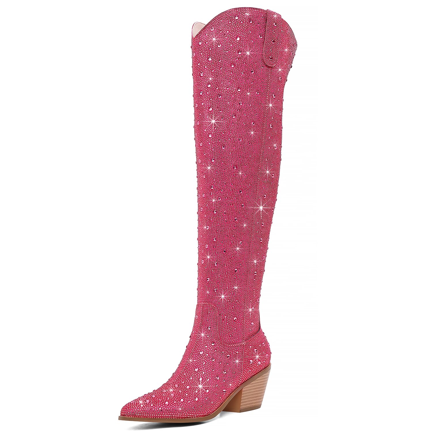 Women Rhinestone Over the Knee Cowboy Boots, Sparkly Bling Cowgirl Boots Western Thigh High Boots Pull-On Side Zippers Chunky Heel Pointed Toe For Concerts, Music Festivals, Parties &amp; Night Out
