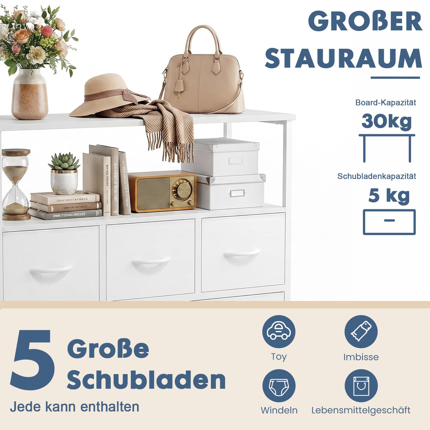 DUMOS Kommode mit Schubladen - kommoden & Sideboards für Schlafzimmer Geeignet, Komodenschrank mit 5 Schubladen, TV-Schrank mit Stahlrahmen,Schrank Klein, Ideal für Flur, Wohnzimmer (Weiß)