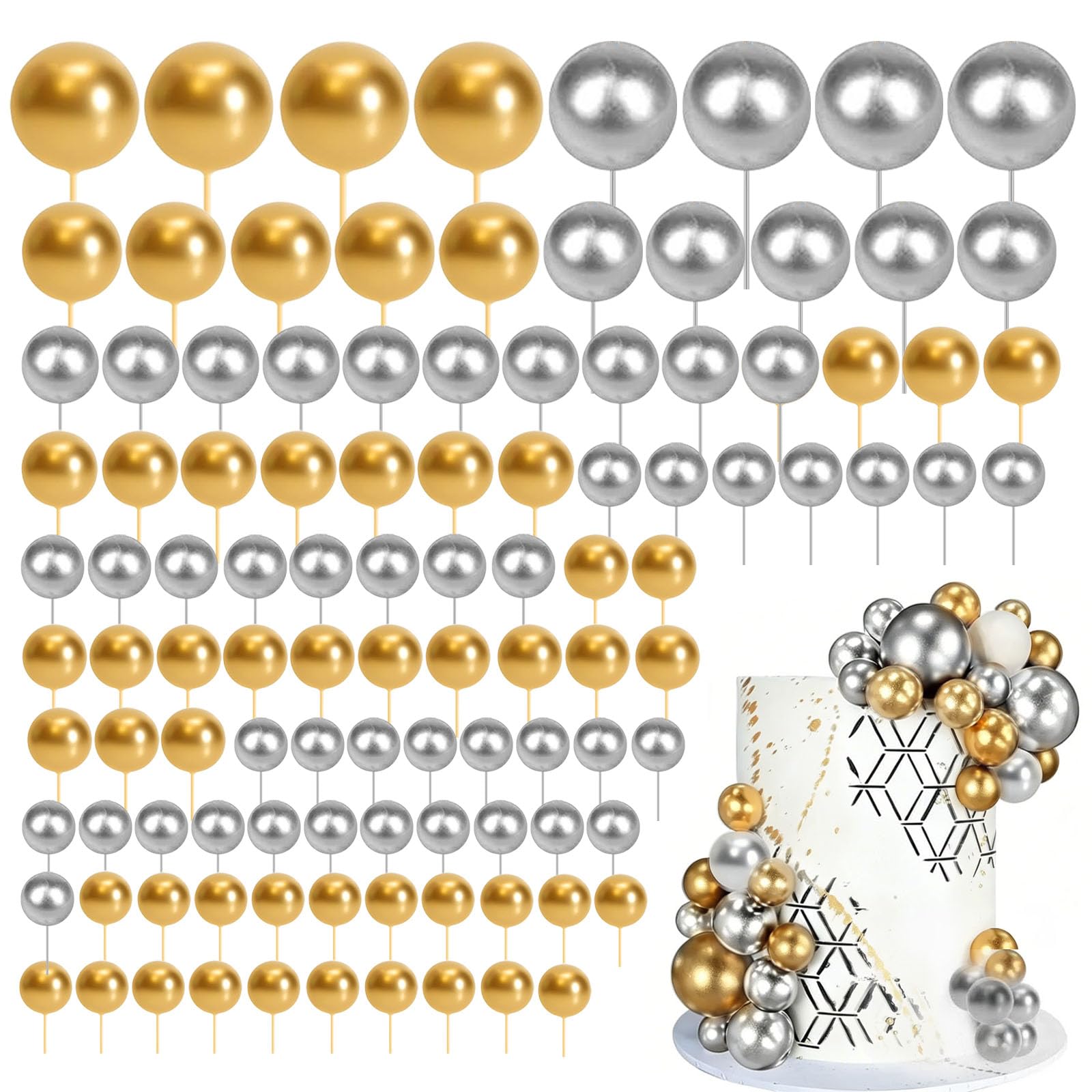 Ball Cake Topper Decorations, 108 PCS Round Ball Cake Toppers, Baking Cake Decorations, DIY Insert Topper Insert Decoration for Wedding Party Birthday Decorating(Gold and Silver)