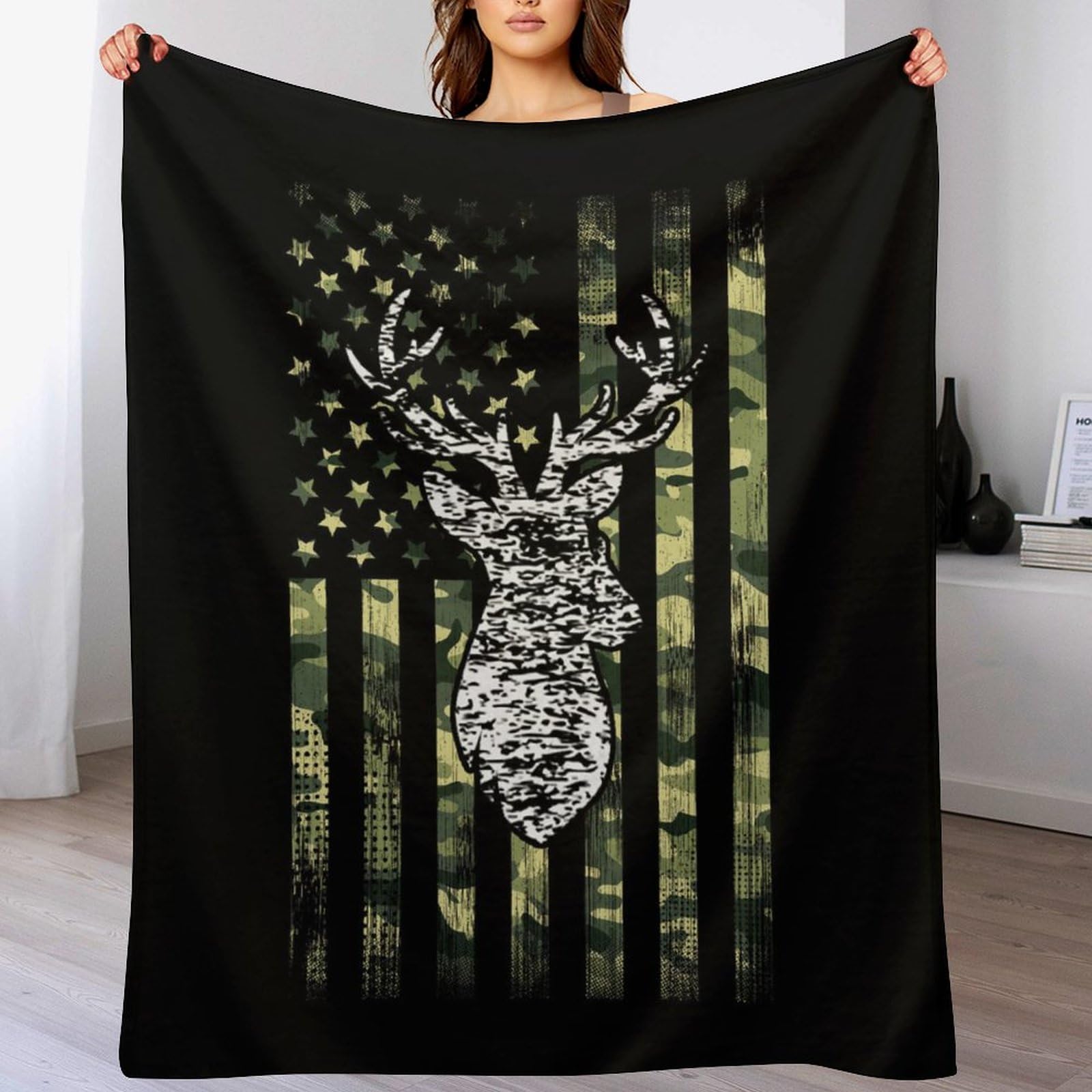 Melbrakin Color159 Deer Camo Camouflage American Flag Hunting Black Soft Flannel Travel Blanket, Living Room Home Sofa Decoration Blanket, Dormitory Office Nap Blanket