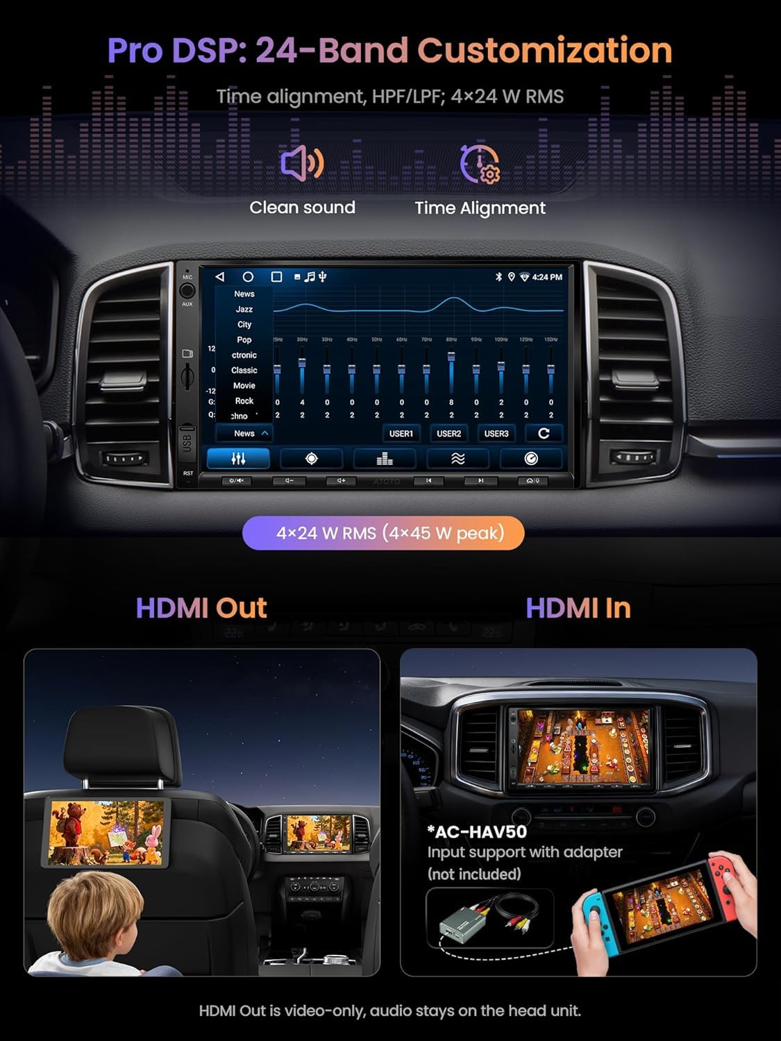ATOTO A5 Autoradio 2 Din Android, 7" Touchscreen Sistemi multimediali, Wireless CarPlay e Android Auto, Tethering de WiFi/Bluetooth/USB, Telecamera di backup, MirrorLink, 24B-EQ DSP, 2G+32G, FM/RDS