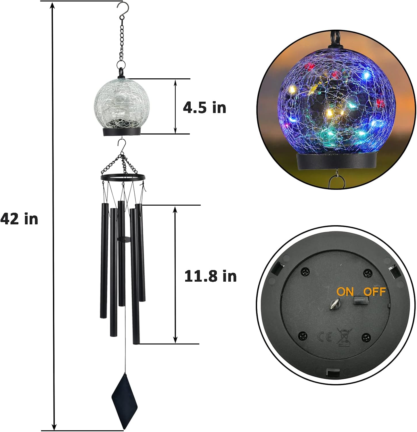 Wind Chimes Outdoor Solar Lights, 42 Inch Large Sympathy Chime 15 LED Twinkle Multi Color Crackled Glass Ball Birthday Gifts for Women Decorative Hanging in Garden, Yard, Patio, Landscape - Image 2