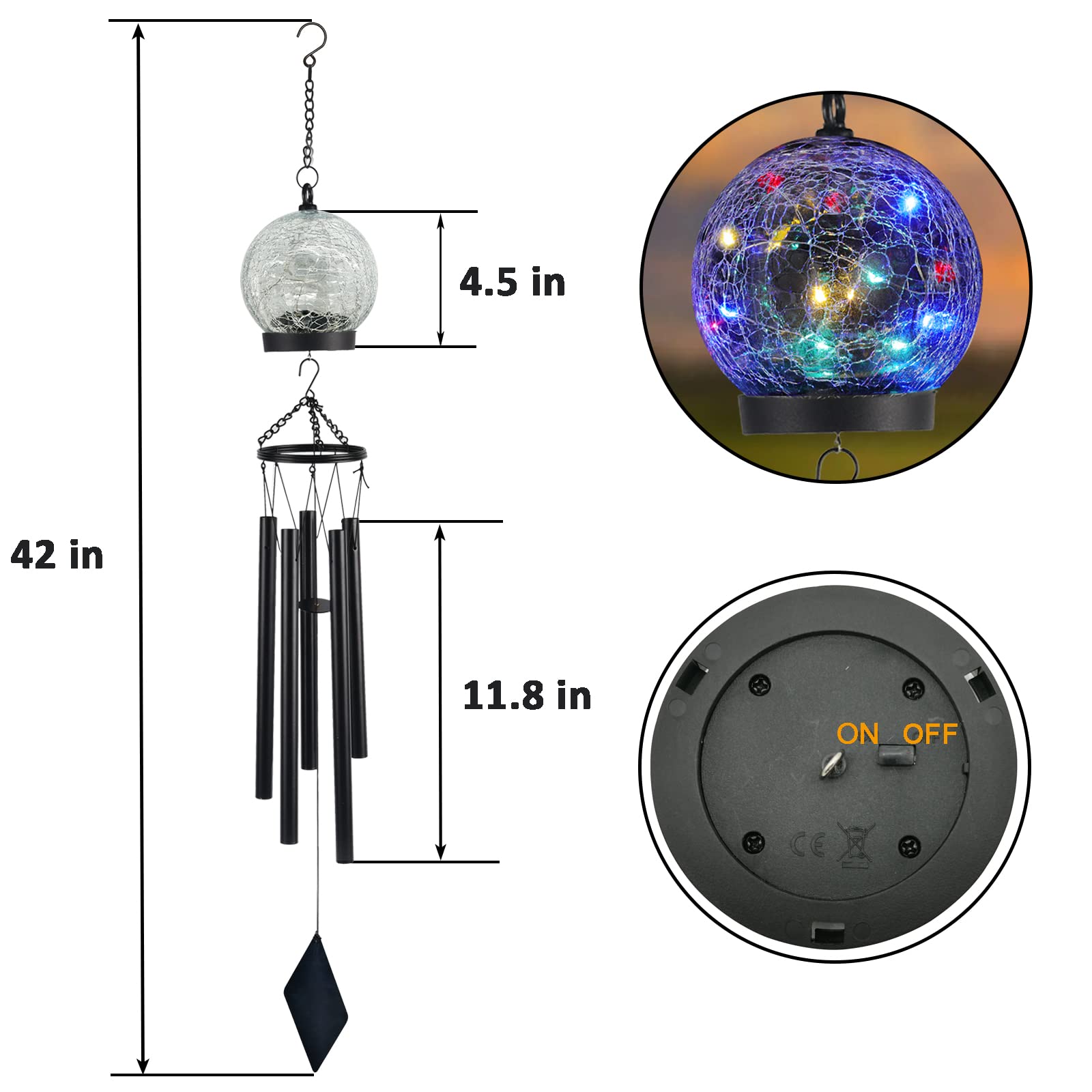 Wind Chimes Outdoor Solar Lights, 42 Inch Large Sympathy Chime 15 LED Twinkle Multi Color Crackled Glass Ball Birthday Gifts for Women Decorative Hanging in Garden, Yard, Patio, Landscape
