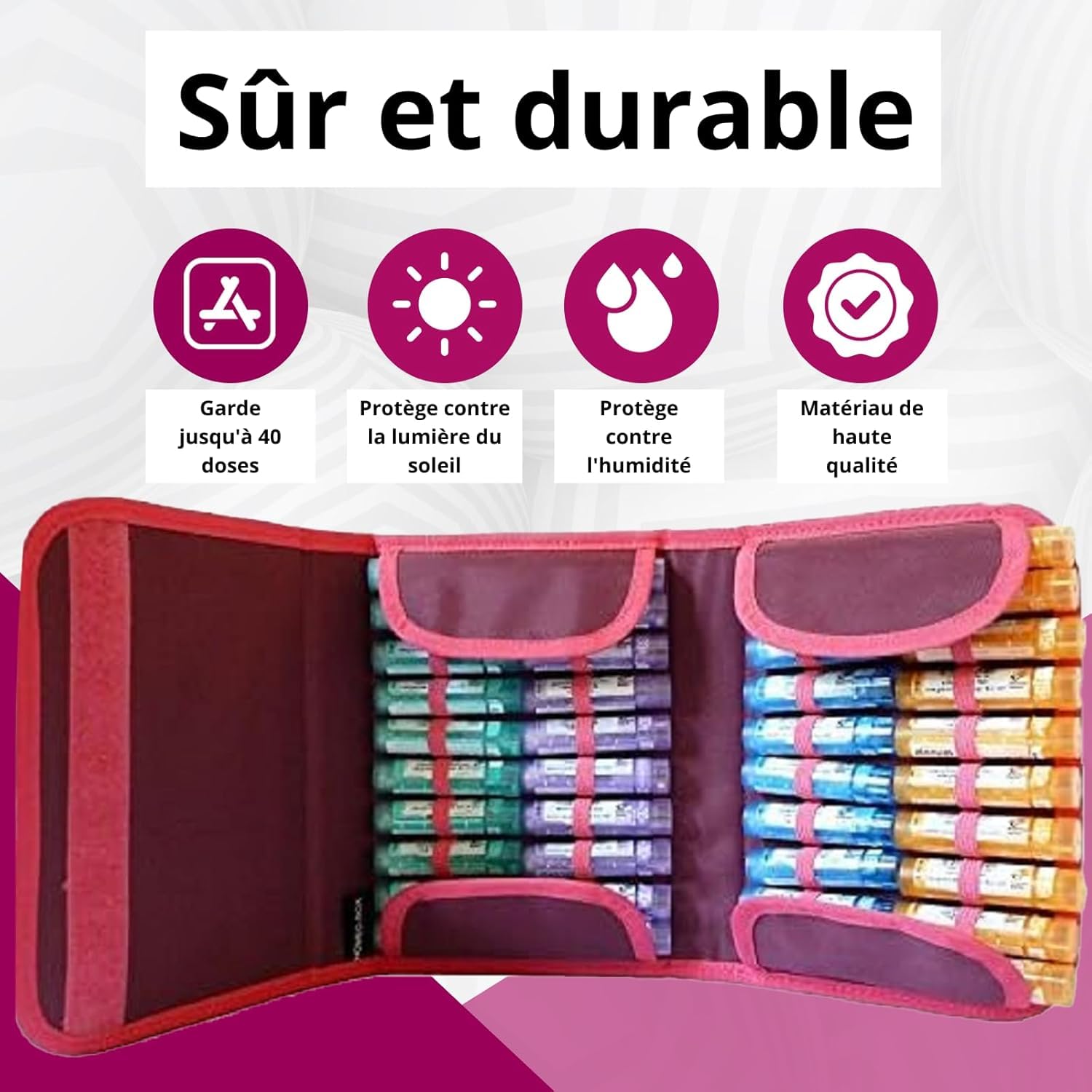 Homeo Case | Rangement Homeopathie avec 40 Espaces pour Boiron Tubes 4 Grammes | Trousse pour Homeopathie | Tubes Non Inclus | Couleur Prune | Fermé 21,5 x 14,5 cm | Ouvert 48,5 x 21 cm