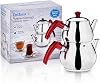 DESTALYA Turkish Teapot Set Stainless Steel Double Teapot for Stovetop Tea Maker with Strainer Samover Style Tea Kettle Water Heater Warmer with Mini Red Handle