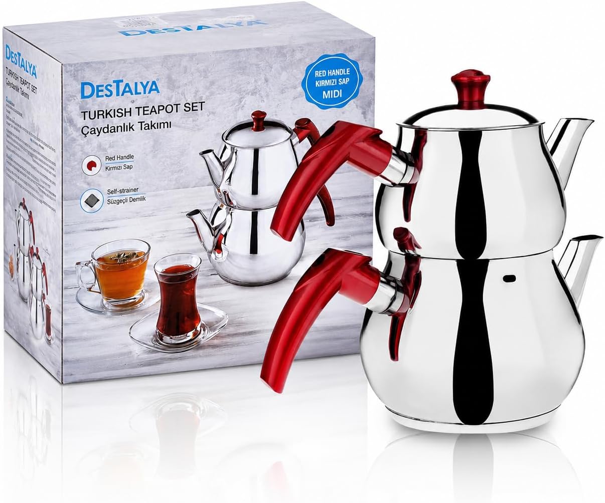 Turkish Teapot Set | Stainless Steel Double Tea Pots for Stove Top | Tea Maker with Handle | Samovar Style Self-Strained Tea Kettle | Water Heater Warmer (Mini with Red Handles)