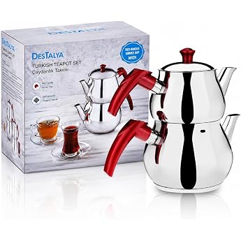 DESTALYA Turkish Teapot Set Stainless Steel Double Teapots for Stove Top Tea Maker with Handle Samovar Style Self-Stressed Tea Kettle Kettle Water Heater Caydanlik Mini Red