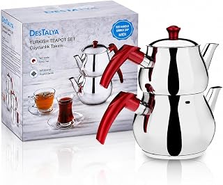 DESTALYA Turkish Teapot Set Stainless Steel Tea Maker for Stovetop | Double Tea Pot with Strainer & Red Handles | Samovar Style Tea Kettle Water Heater (Mini with Red Handles)